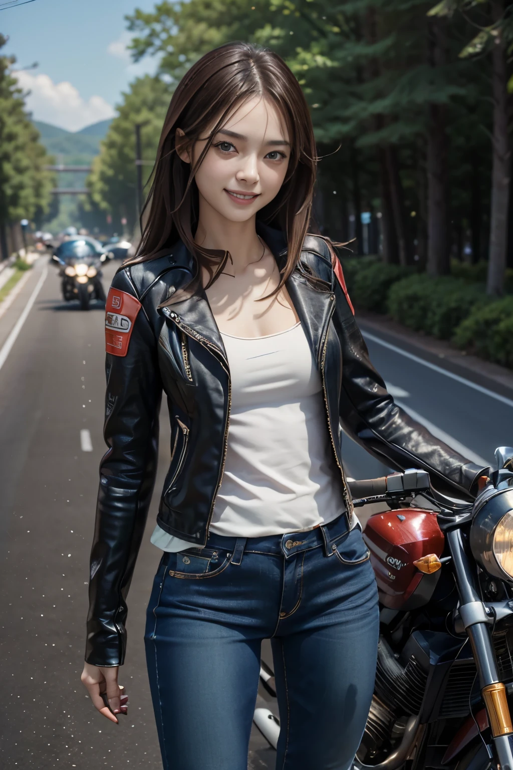 ((best quality)), ((masterpiece)), ((perfect face))、（Detailed Motorcycle）、Detailed and clear photos、((Motorcycle Women))、slender body、riding jacket and jeans、smile、posing next to a motorcycle