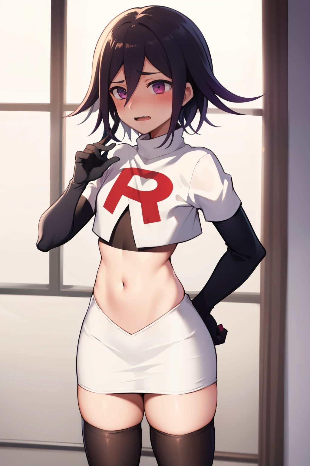 absurdres, cowboy shot, solo, male focus, trap, 1boy, crossdressing,1boy, oma kokichi, team rocket,team rocket uniform,white skirt,red letter R,crop top,black thigh-highs,black elbow gloves, embarrassed, blush