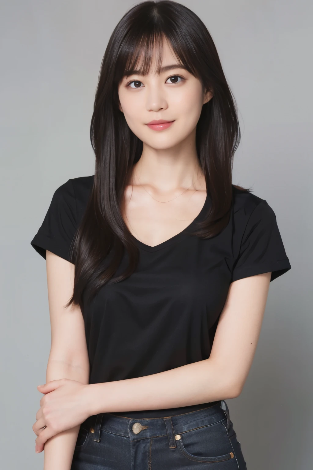 ((1womanl)), (((Black-long-hair))), (masuter piece:1,3)、top-quality、masterpiece、hight resolution、Original、highly detailed wallpaper、jeans, (A slight smil)、a small face、((full breasts))、(Graphic T-shirt)、(light on face)、feminin style, Beautiful facial features, darkened room, full-shot, full length