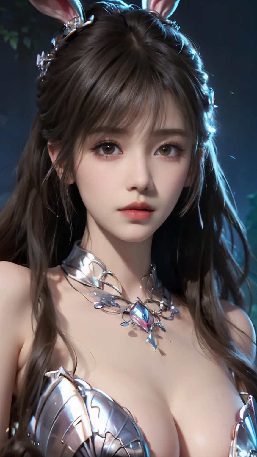 Close-up of a woman with rabbit ears and a sword, Queen of the Sea Mu Yanling, Zodiac Girl Knight Portrait, Lineage 2 style, Smooth anime CG art, Game CG, beautiful fantasy queen, Complex and gorgeous anime CGI style, drank, Close up view of goddess, anime goddess, dead, Realistic anime girl rendering，huge breasts，Larger breasts，Hollow clothes，transparent clothes，More transparency，amazing breast size，Raised nipples，bareness的乳房，Extensive nudity，More nudity，Expose more breasts，bareness，big ass
