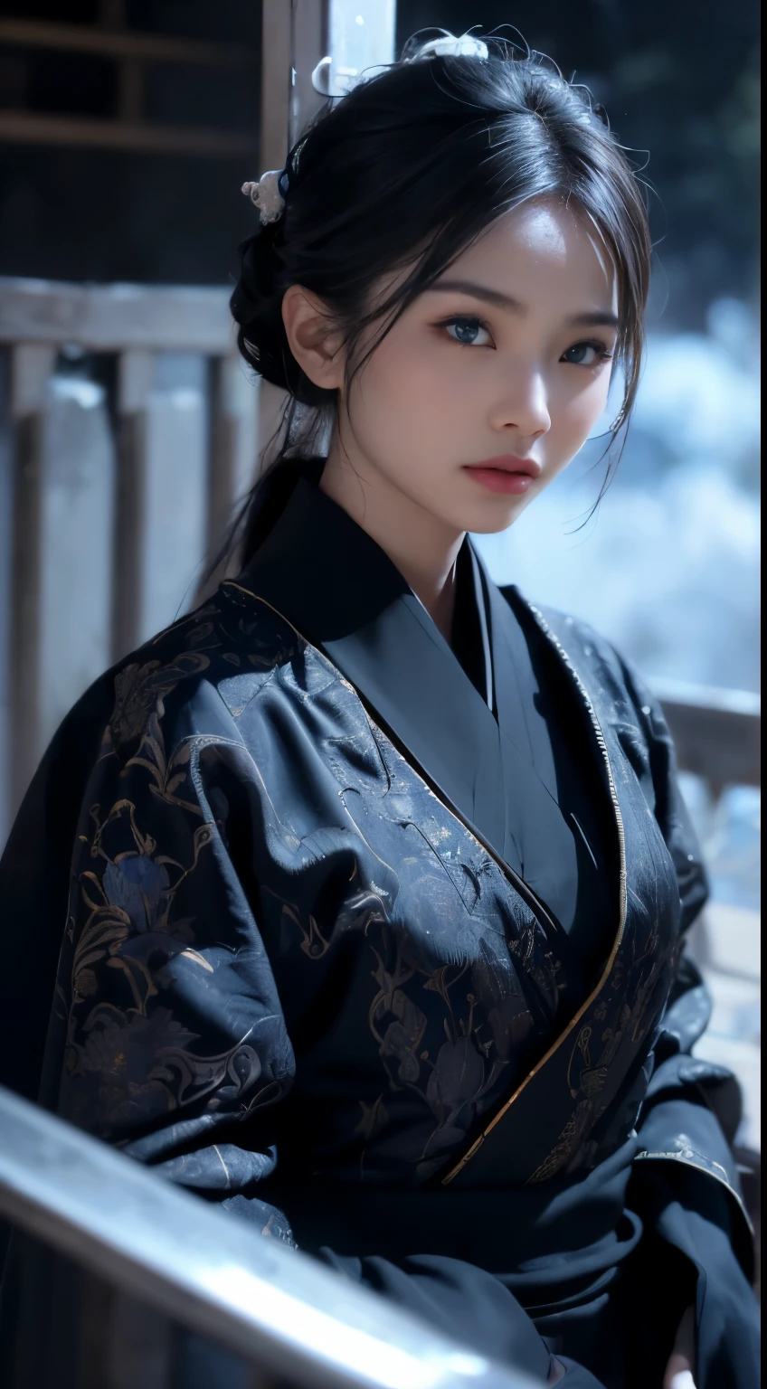 [object Object], (Detailed face features:1.3),1woman, Layka face with black shiny top bun hair, glowing blue eyes, japanese samurai, in the palace, fighting stance, outdoor, stormy rain, cloudy sky, upper body, blue japanese samurai clothing with flower pattern, blue color sky, blue full moon, fierce wind, dynamic shot,
(RAW photo, 16k, masterpiece, best quality: 1.2), (ultra realism, hyper detailed and intricate realism: 1.3), (wide depth of field, radiant mapping, ray tracing, god rays: 1.2), High dynamic range, vivid, rich details, clear shadows and highlights, realistic, intense, enhanced contrast, holding a samurai katana