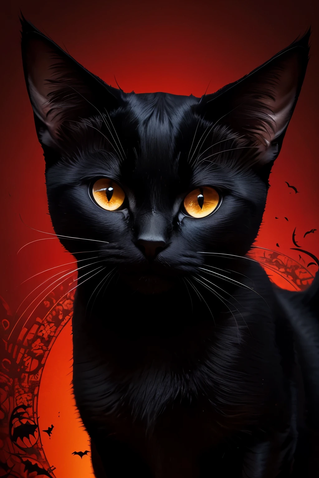 A mystical black cat, its piercing eyes gleaming with an otherworldly glow, poses against a vibrant red background in this abstract Halloween concept art. The cat's sleek fur appears almost fluid, transitioning from solid black to a shimmering darkness, merging with the scarlet background. The cat's pupils are dilated, giving the illusion of endless depth, while its ears are perked up, alert and ready. The red background is textured with intricate, abstract patterns, evoking a sense of mystery and magic. The overall effect is rich, bold, and full of intrigue, making for an eye-catching and striking piece of art.
For additional descriptions, consider