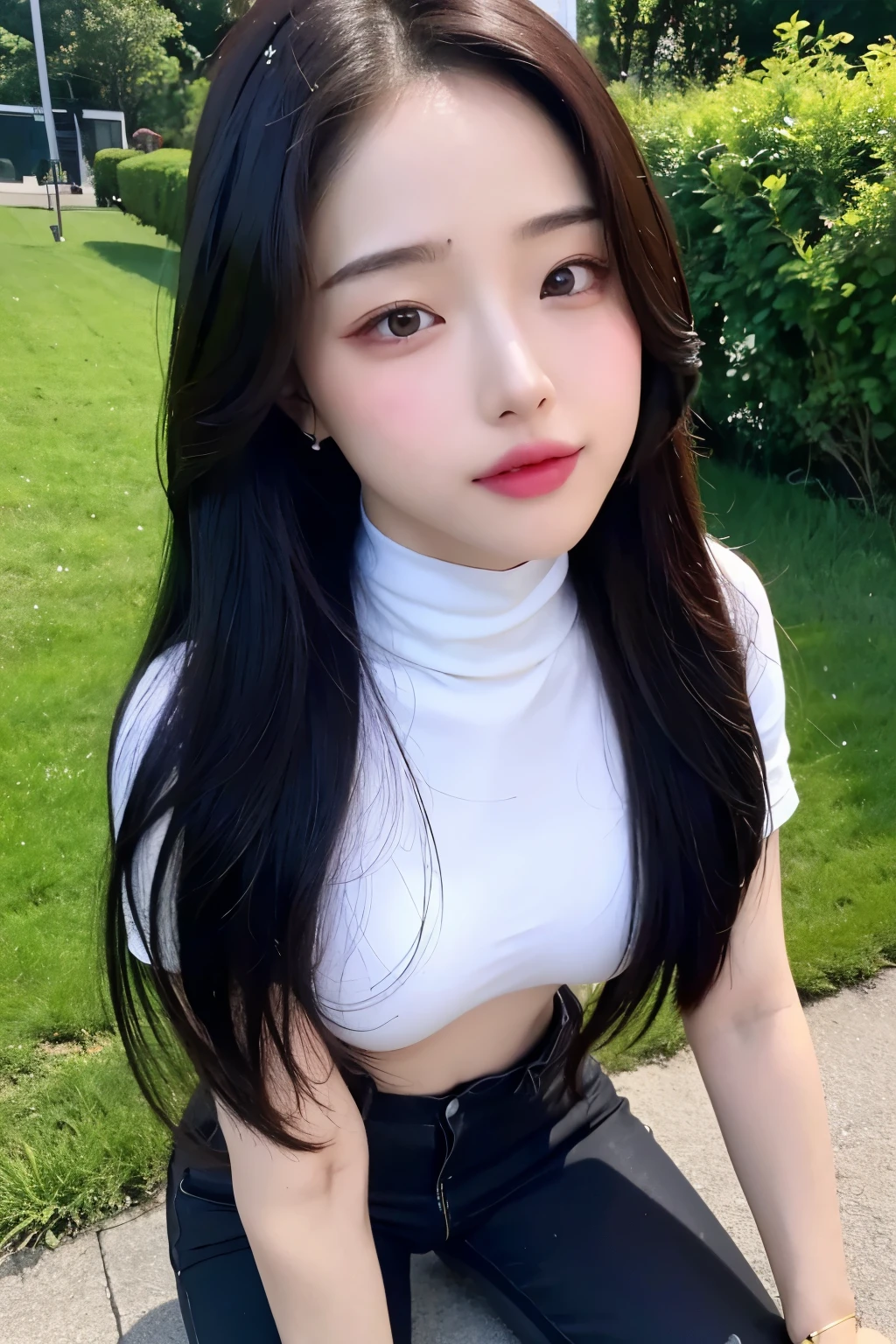 realistic, High resolution, 1 female, glowing skin, alone, wide lips,long hair,saggy breasts,small face,black hair,Color Contacts,Trendy fashion,Full body coordination,noon,realistic skin texture,Real,K-pop Idol,tight pants,outdoor,high neck,detailed face