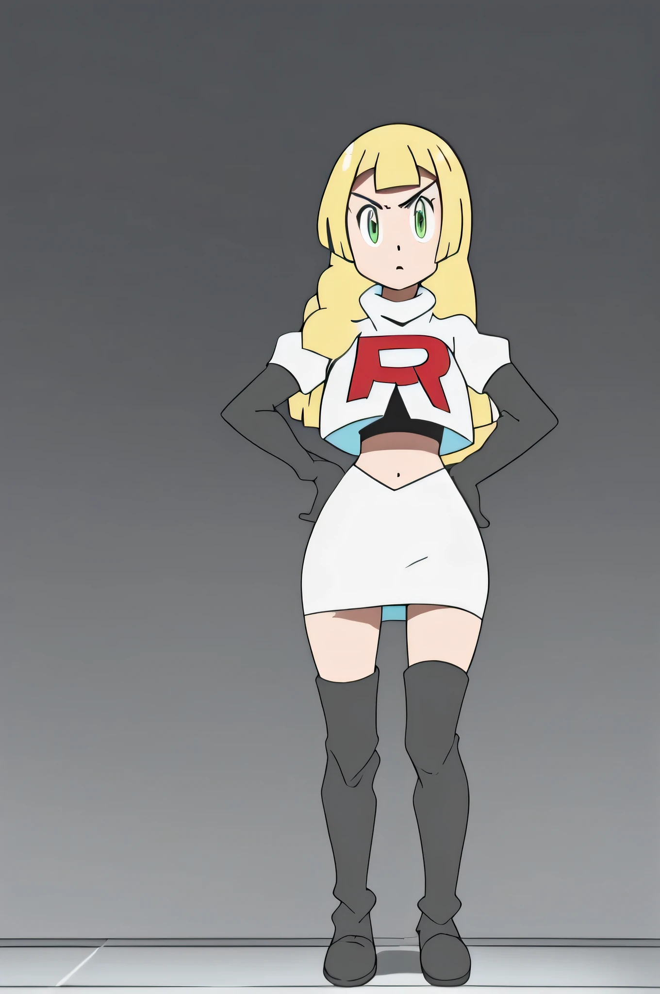 defIngrid, bangs, braided ponytail, green eyes, glossy lips,masterpiece, best quality, highres,team rocket uniform, red letter r, white skirt, white crop top, black thigh-high boots, black elbow gloves, glaring angrily, looking at viewer, hands on hips, full body seen, zettai ryouiki
