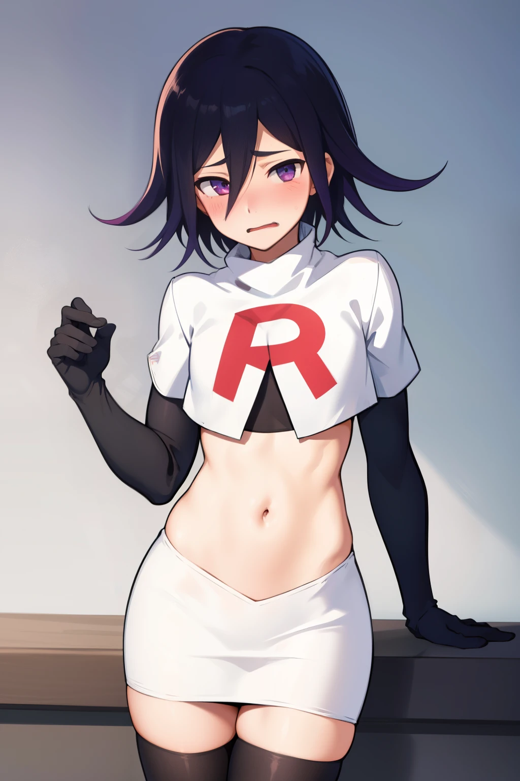 absurdres, cowboy shot, solo, male focus, trap, 1boy, crossdressing,1boy, oma kokichi, team rocket,team rocket uniform,white skirt,red letter R,crop top,black thigh-highs,black elbow gloves, embarrassed, blush