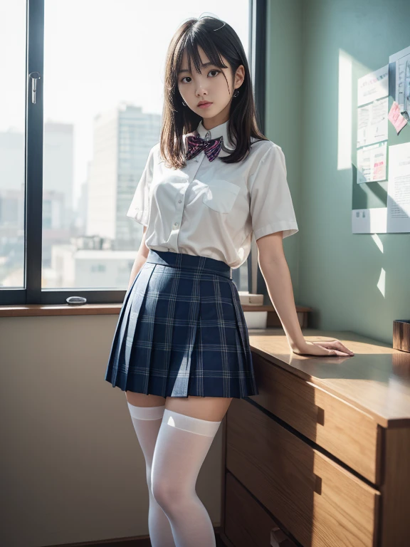 （8k、原始photography、top quality、​Masterpiece：1.2),(bob cuts),arrogant,School,looking at the audience,Look ahead,Muchimuchi,disciple,student,Light blue Bra,white skinned,knees,(black pantyhose),absurd,a small face,,flat chest,Part your bangs in the middle、forehead visible,(cold expression,Eye睛紧绷,glare,bullish,skinny,file,anger)、​Masterpiece,top quality、ultra high resolution,原始photo,allow,beautiful turd,one person, solo,Eye镜,,dark look,big breasts,whole body,圆Eye镜、cute little、返回student,JK school uniform,high school,a japanese lady,standing,（Realism：1.37）、photon mapping,actual、cute little脸,棕色Eye睛、black socks、(red bow tie)、radio city、Physically based rendering、depth of field、blurred background、photo,Body,teenage girl,, long legs, slim legs,(Bangs are clearly visible), hair, lips, blue_Eye, nose software,(light blue blouse), (Navy and white plaid pleated skirt), knees是可见的,transparent costume,, thigh, Black cotton socks,nogizaka idol, actor, Japan Ita