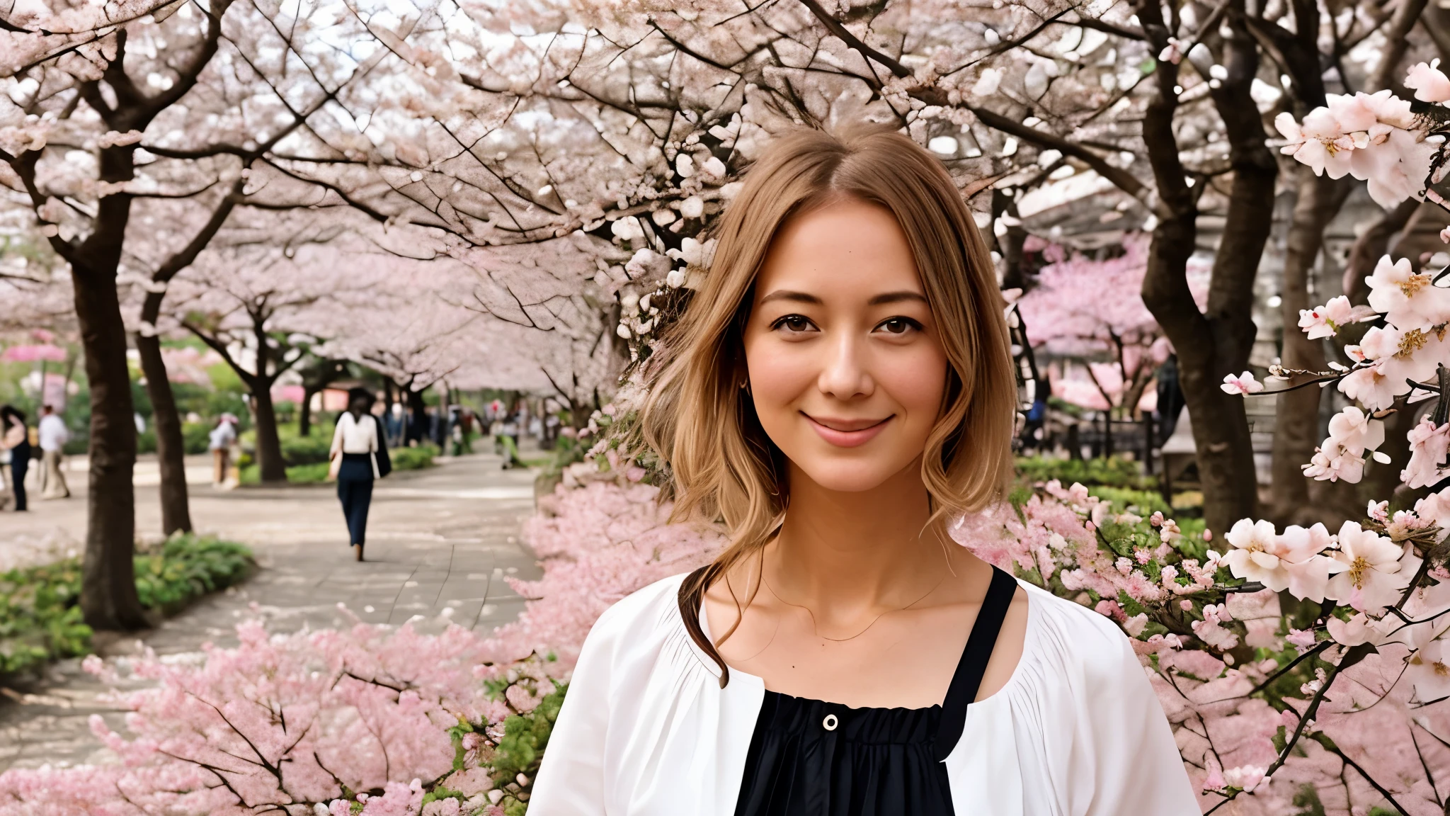 Instagram pictures, a French Girl, Shoulder length hair, with light blonde hair, Close-up photo, Walking in a public garden with cherry blossom, Japan, smiling a little,