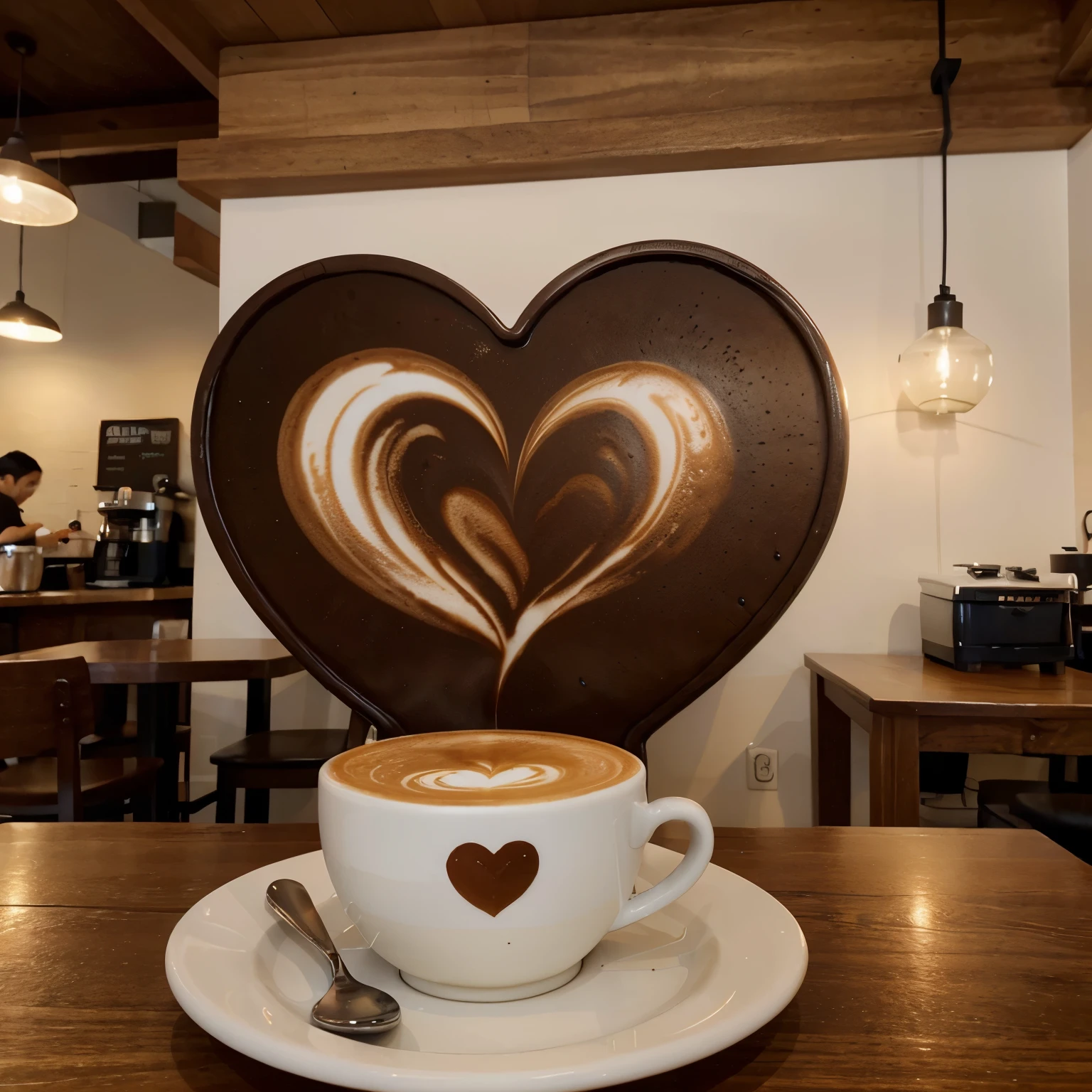 the picture shows a coffee shop, there is a cup of fragrant coffee on the table, coffee with foam in the form of a heart is poured in a cup of coffee