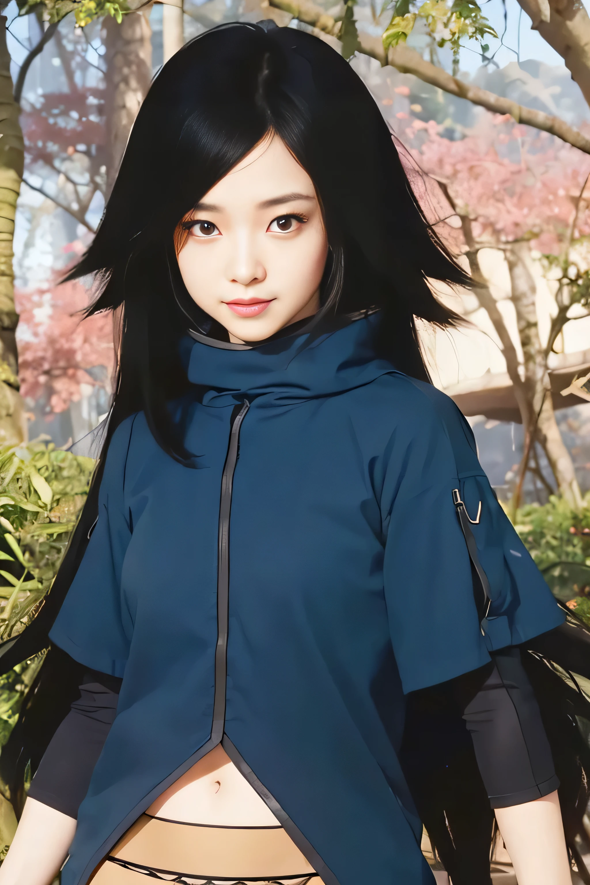 masterpiece, best quality, (realistic,photo-realistic:1.4), (RAW photo:1.2), extremely detailed CG unity 8k wallpaper, delicate and beautiful, amazing,finely detail, official art, absurdres, incredibly absurdres, huge filesize, ultra-detailed,extremely detailed eyes and face,light on face,(little smile),black eyes,(black hair:1.4),very long hair hair,(wearing deep blue clothes:1.4) (jungle background:1.4)