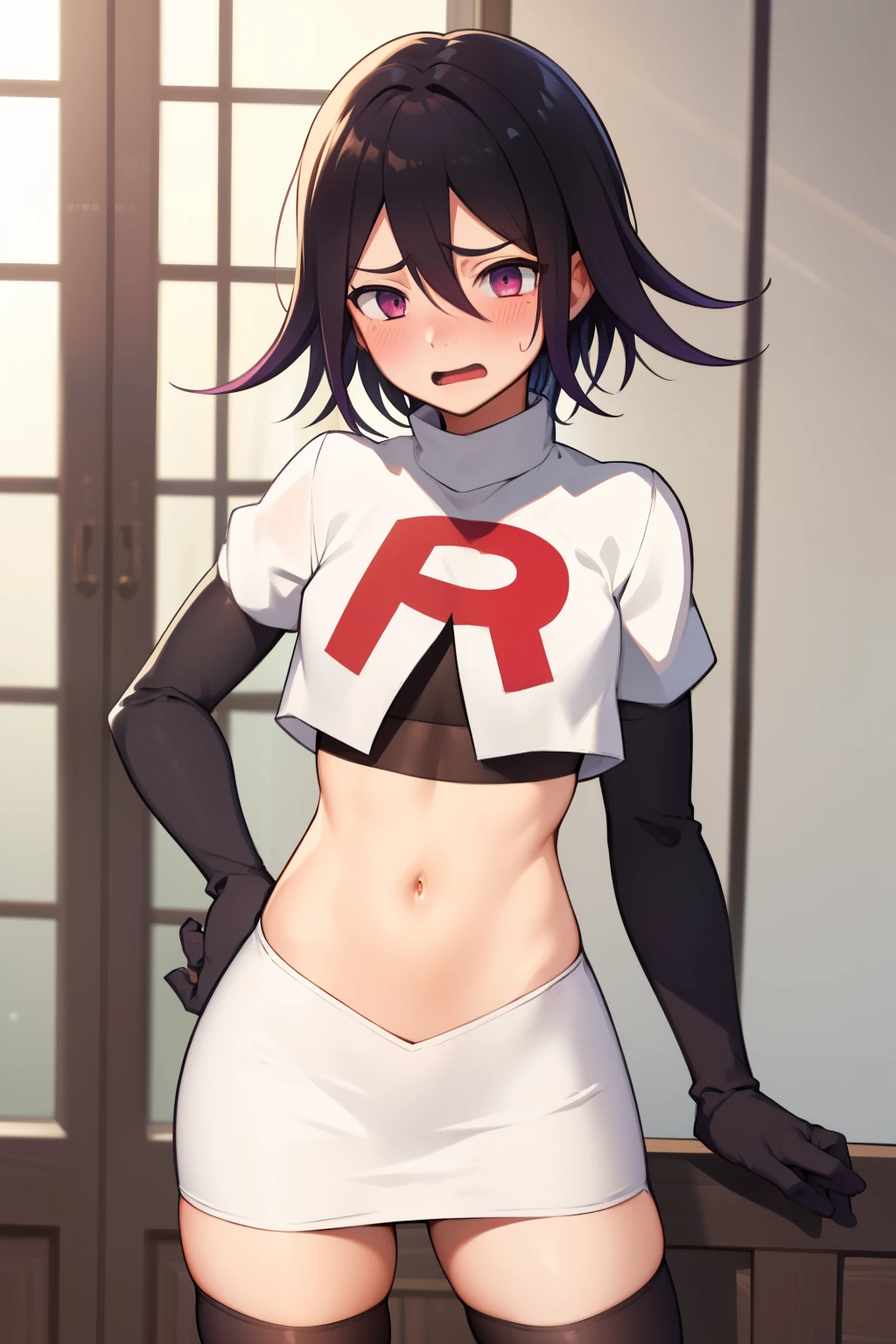 absurdres, cowboy shot, solo, male focus, trap, 1boy, crossdressing,1boy, oma kokichi, team rocket,team rocket uniform,white skirt,red letter R,crop top,black thigh-highs,black elbow gloves, embarrassed, blush