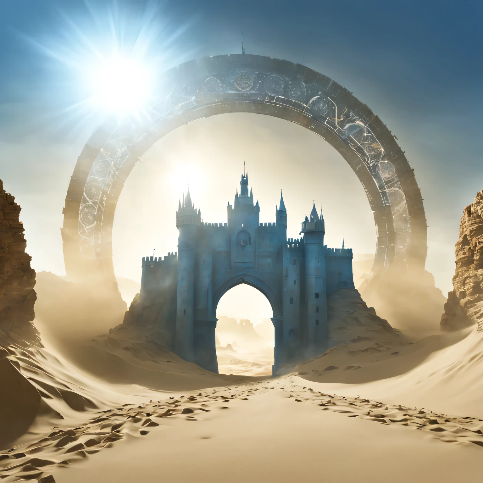 Realistic double exposure photography., we combine the silhouette of an ancient medieval fortress in a sandy haze and a high-tech portal in the form of a star gate, A high-tech portal in the form of a stargate stands in the laboratory and is connected to a high-tech device by various cables and tubes, There is blue pulsating energy inside the high-tech portal in the form of a stargate, in which the silhouette of an ancient medieval fortress in a sandy haze with its details is visible, smoothly fits inside the stargate, Sharp Focus, great depth of field, hyperrealistic, extremely detailed, ray tracing, Cinematic, HDR, photorealistic (double exposure: 1.3)