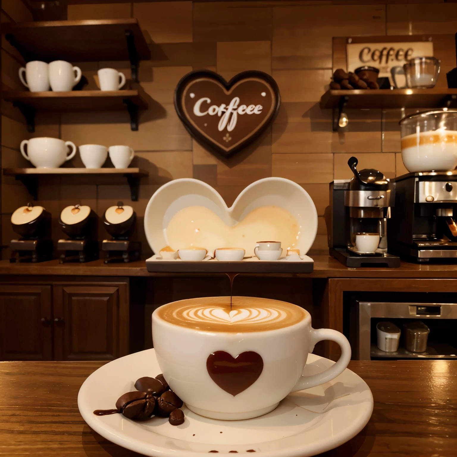 the picture shows a coffee shop, there is a cup of fragrant coffee on the table, coffee with foam in the form of a heart is poured in a cup of coffee