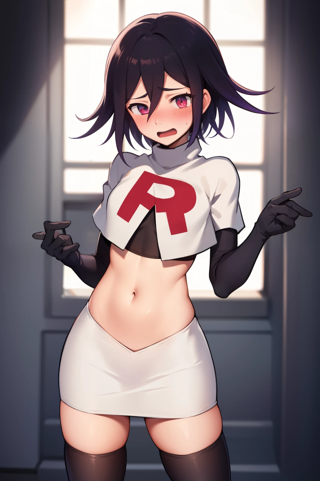 absurdres, cowboy shot, solo, male focus, trap, 1boy, crossdressing,1boy, oma kokichi, team rocket,team rocket uniform,white skirt,red letter R,crop top,black thigh-highs,black elbow gloves, embarrassed, blush