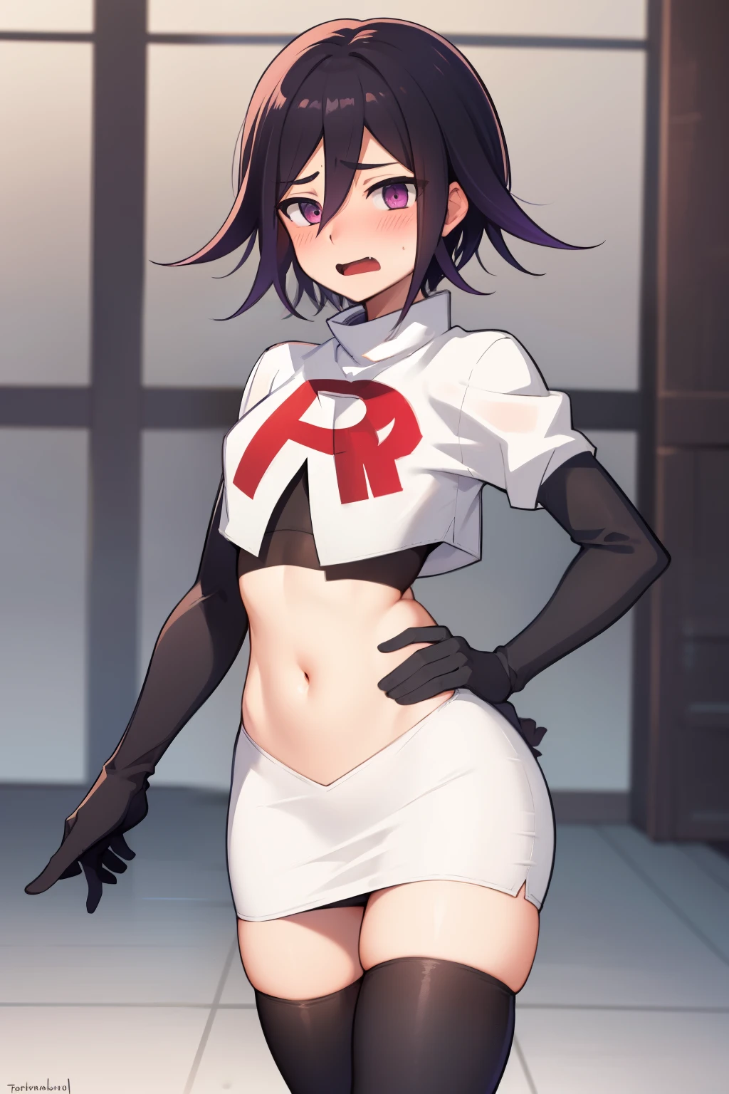 absurdres, cowboy shot, solo, male focus, trap, 1boy, crossdressing,1boy, oma kokichi, team rocket,team rocket uniform,white skirt,red letter R,crop top,black thigh-highs,black elbow gloves, embarrassed, blush