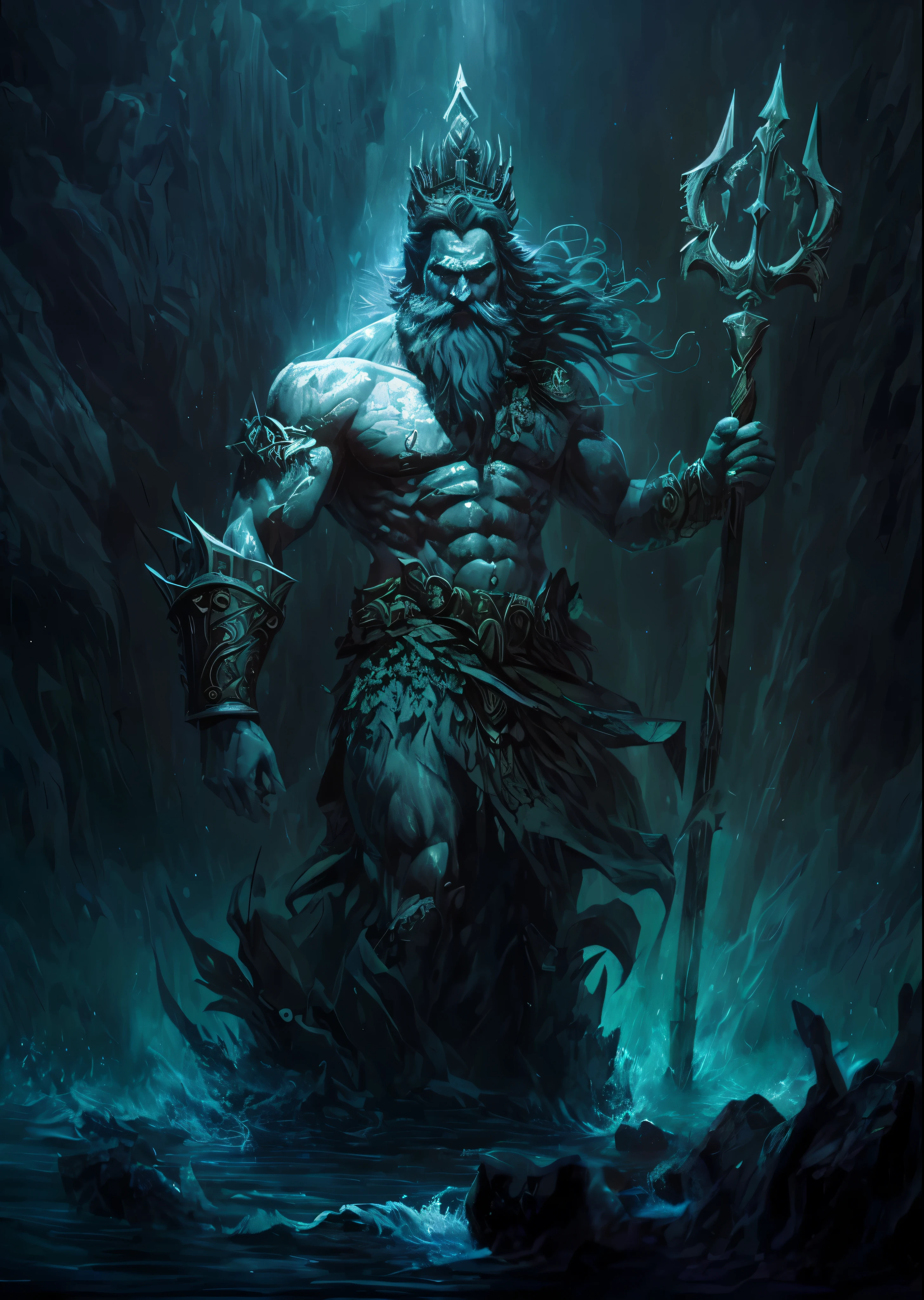 A painting of a man with a spear and a large body of water, O Deus Poseidon, Poseidon, O Deus hades, Poseidon, Charon, o barqueiro de hades, god of the ocean, hades, hades, lord shiva, God of Destruction, Angry god Zeus, Just like the people from Atlantis