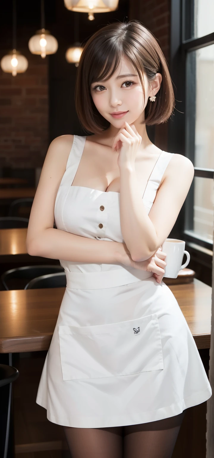 Close your chest with your arms:1.2、forward leaning posture、Touching the feet、table top, highest quality, super detailed, finely, High resolution, 8k wallpaper, perfect dynamic composition, (white shirt、apron、high waist skirt:1.2)、waitress、Make both ears look beautiful、Makes your collarbone look beautiful。、short hair、natural color lip, pose of temptation,smile,coffee shop、28 year old female、cute、looking at camera、attractive、beautiful breasts、well-shaped chest, beautiful butt, and a thin waist、smaller butt、small ass、pose of temptation、Emphasis on slender、beautiful feet、Touching your own thighs、Seduce with beautiful legs、いたずらなsmile、Turn your butt towards us:1.3