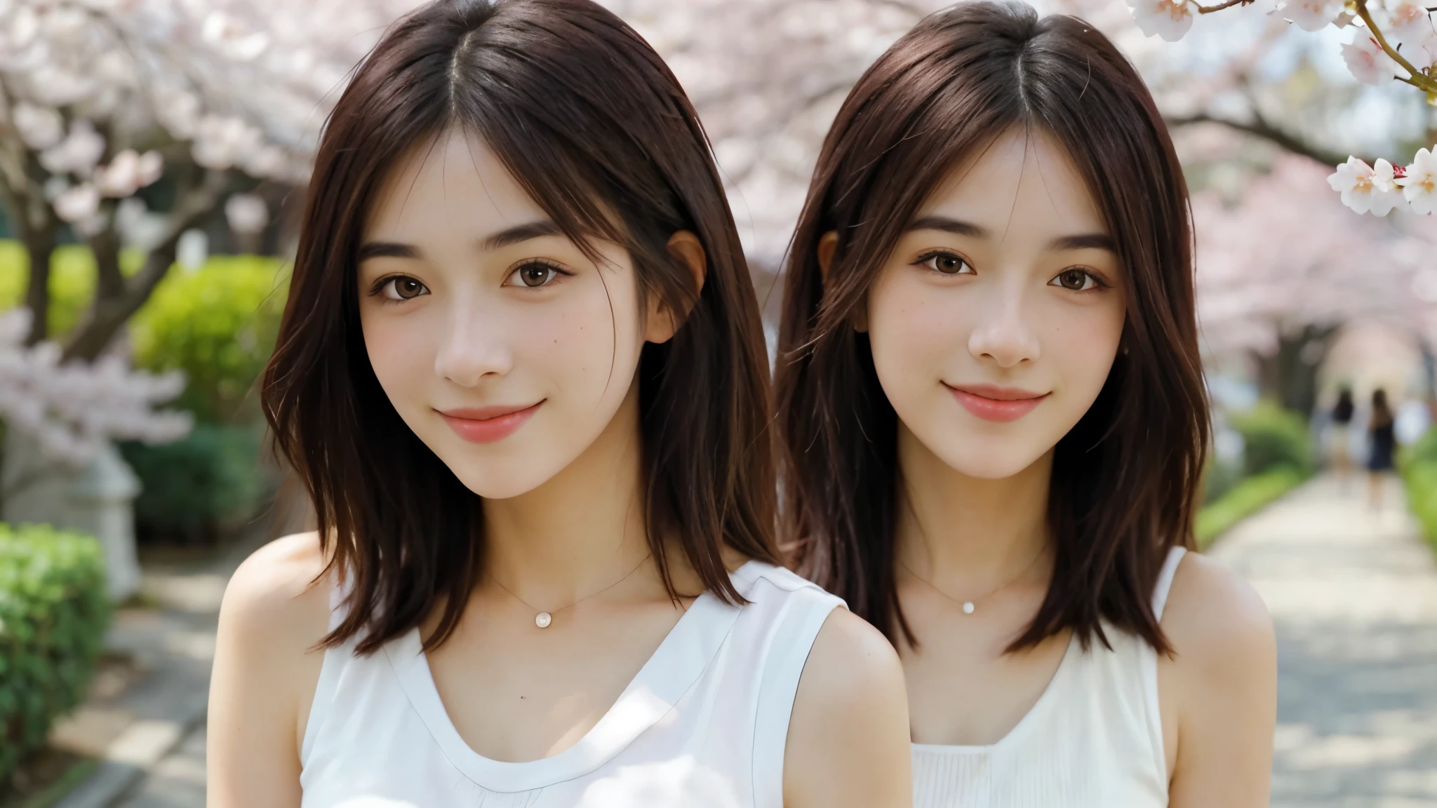 Instagram pictures, a French Girl, Shoulder length hair, with light blonde hair, Close-up photo, Walking in a public garden with cherry blossom, Japan, smiling a little,