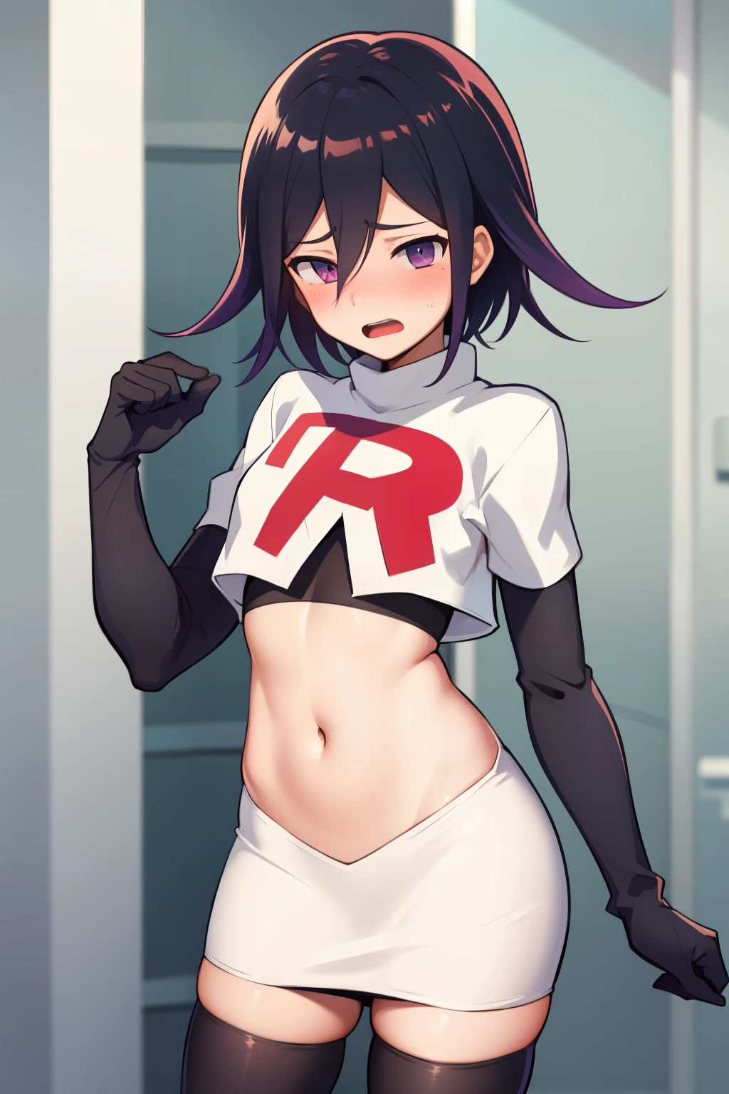 absurdres, cowboy shot, solo, male focus, trap, 1boy, crossdressing,1boy, oma kokichi, team rocket,team rocket uniform,white skirt,red letter R,crop top,black thigh-highs,black elbow gloves, embarrassed, blush