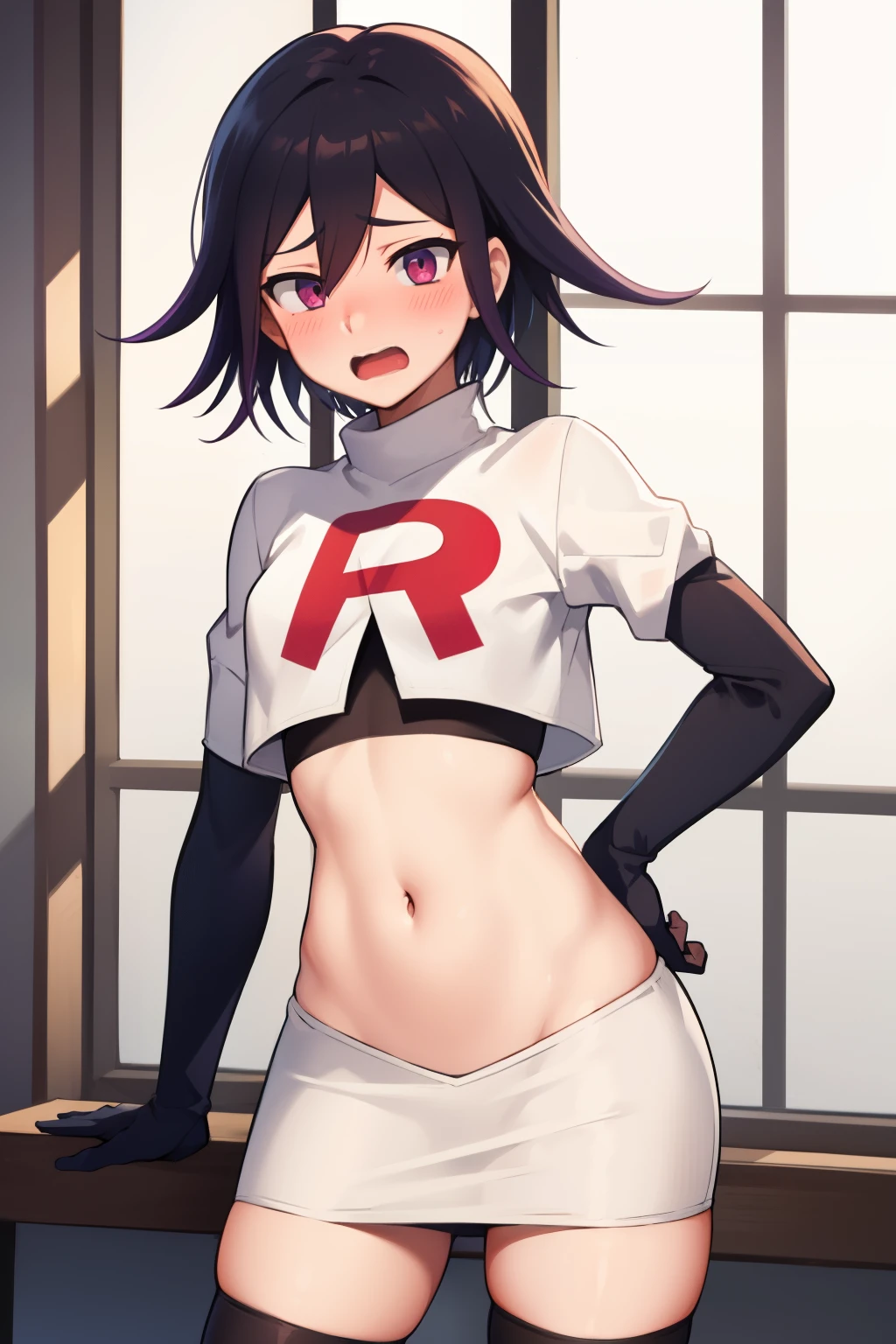absurdres, cowboy shot, solo, male focus, trap, 1boy, crossdressing,1boy, oma kokichi, team rocket,team rocket uniform,white skirt,red letter R,crop top,black thigh-highs,black elbow gloves, embarrassed, blush