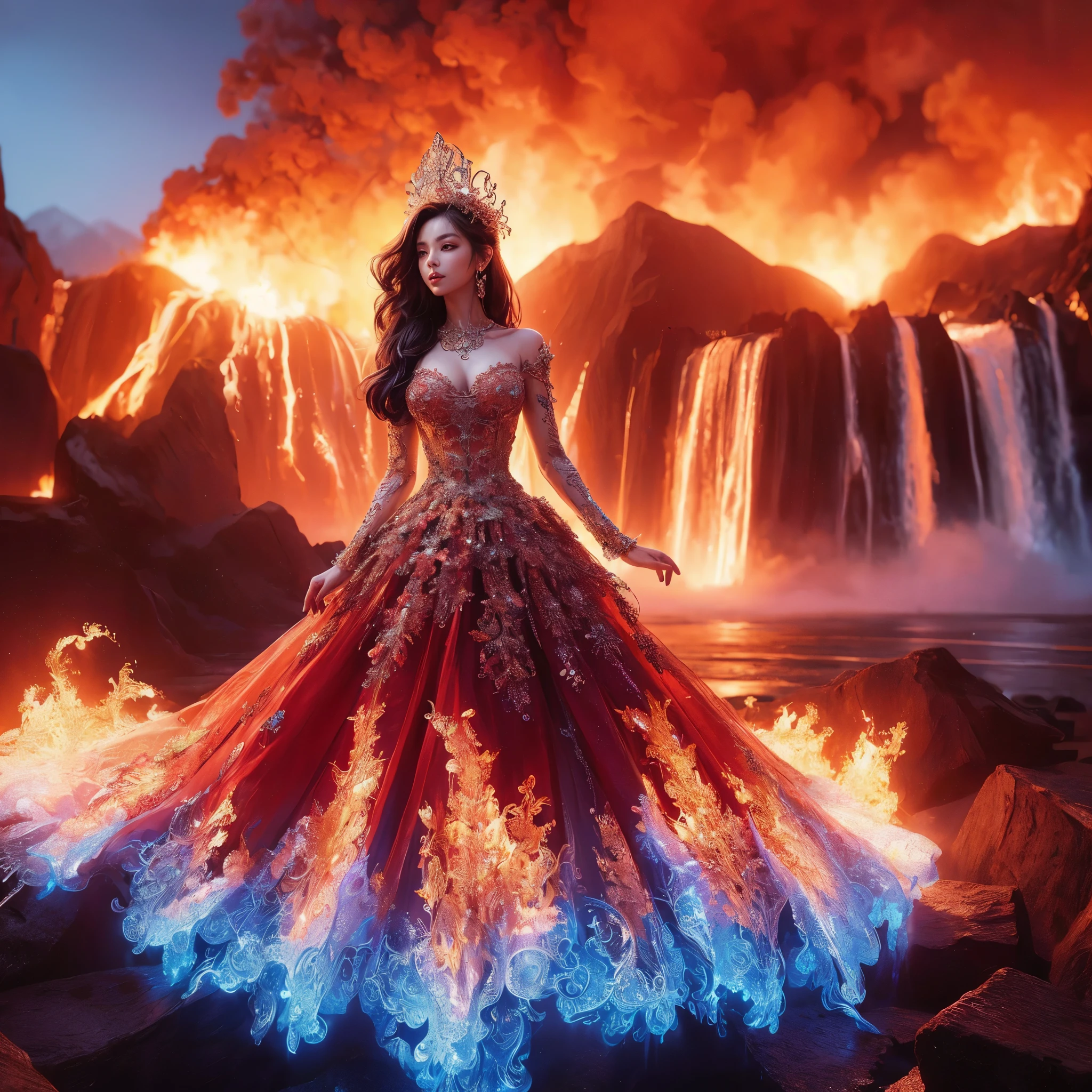 arafed woman with bustier gigantic breast in a flame corset and flame dress in front of a building, wearing an ornate outfit, ornate dress, intricate dress, elegant flame corset, ornate and elegant, extravagant dress, inspired by Hedi Xandt, ornate attire, intricate outfit, ornate royal gown, ornate clothing, ornate gown, intricate and elegant, intricate detailed dress, ornate , royal dress, detailed hand, detailed finger, masterpiece, best quality:1.2),,(8k,highres,RAW photo,realistic,photo-realistic:1.3),(detailed skin texture,detailed cloth texture,beautiful detailed face:1.25),professional lighting,photon mapping,beautiful soft light,radiosity,physically-based rendering,raytracing, model shoot style, model shoot style, (extremely detailed CG unity 8k wallpaper), full shot body photo of the most beautiful artwork in the world,