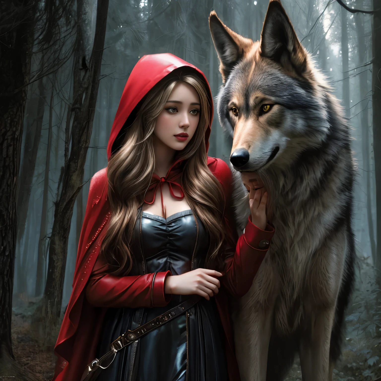 a woman is hugging a wolf in the woods, by Magali Villeneuve, magali villeneuve', graphic artist magali villeneuve, by Kerembeyit, inspired by Magali Villeneuve, realistic fantasy illustration, beautiful fantasy art, detailed fantasy art, very beautiful fantasy art, by Anne Stokes, amazing fantasy art, female anthropomorphic wolf, girl with red coat, red coat, blonde hair, little red riding hood, hood up, ((photo realistic)), potrait