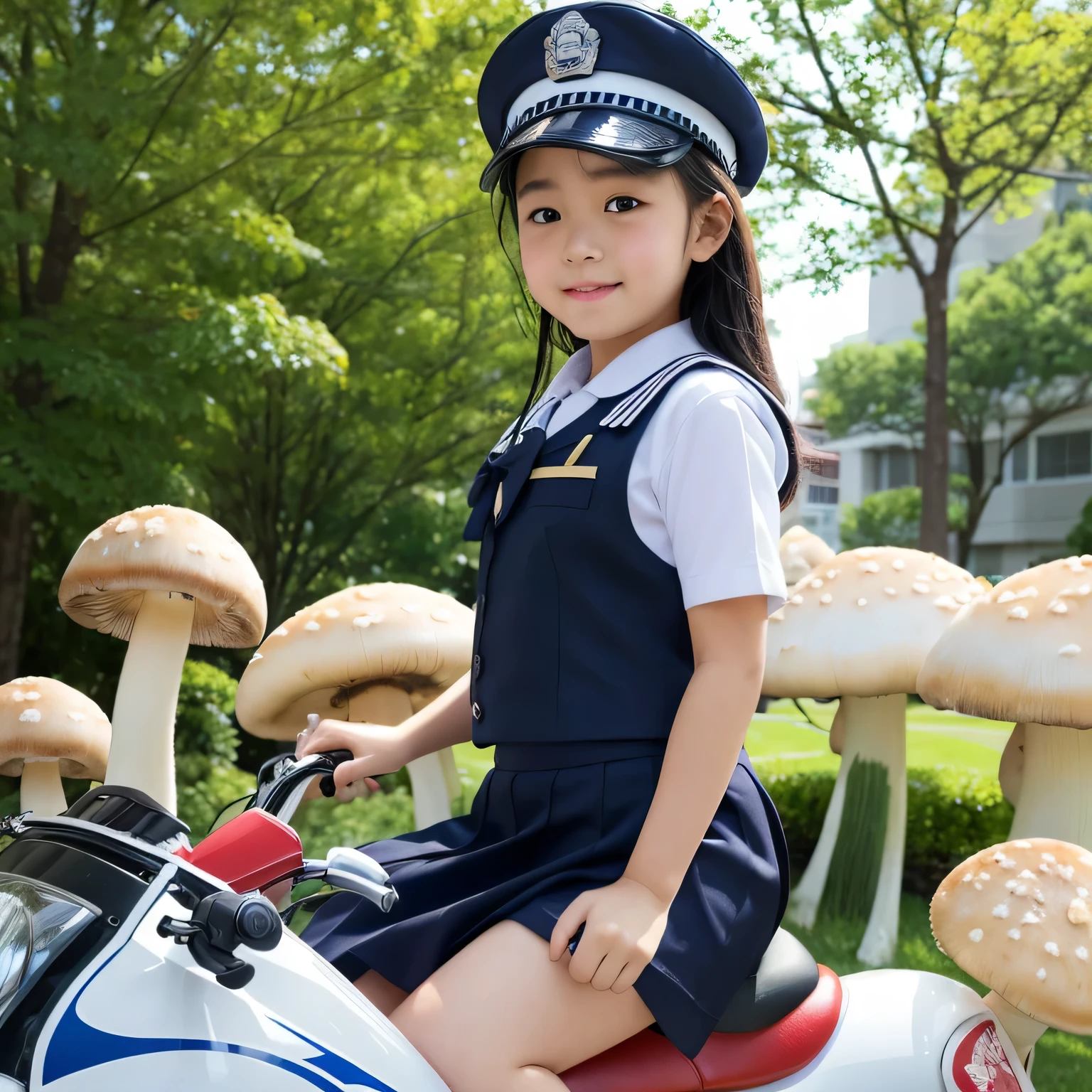 beautiful illustrations、highest quality、ultra high resolution、Professional specifications、(((Only one elementary school student))、light blue school sailor uniform、very short skirt、((Police Officer Cap))、short sleeve、&#39;face、(on all fours: 1.3)、Crouch start、Adult male on top