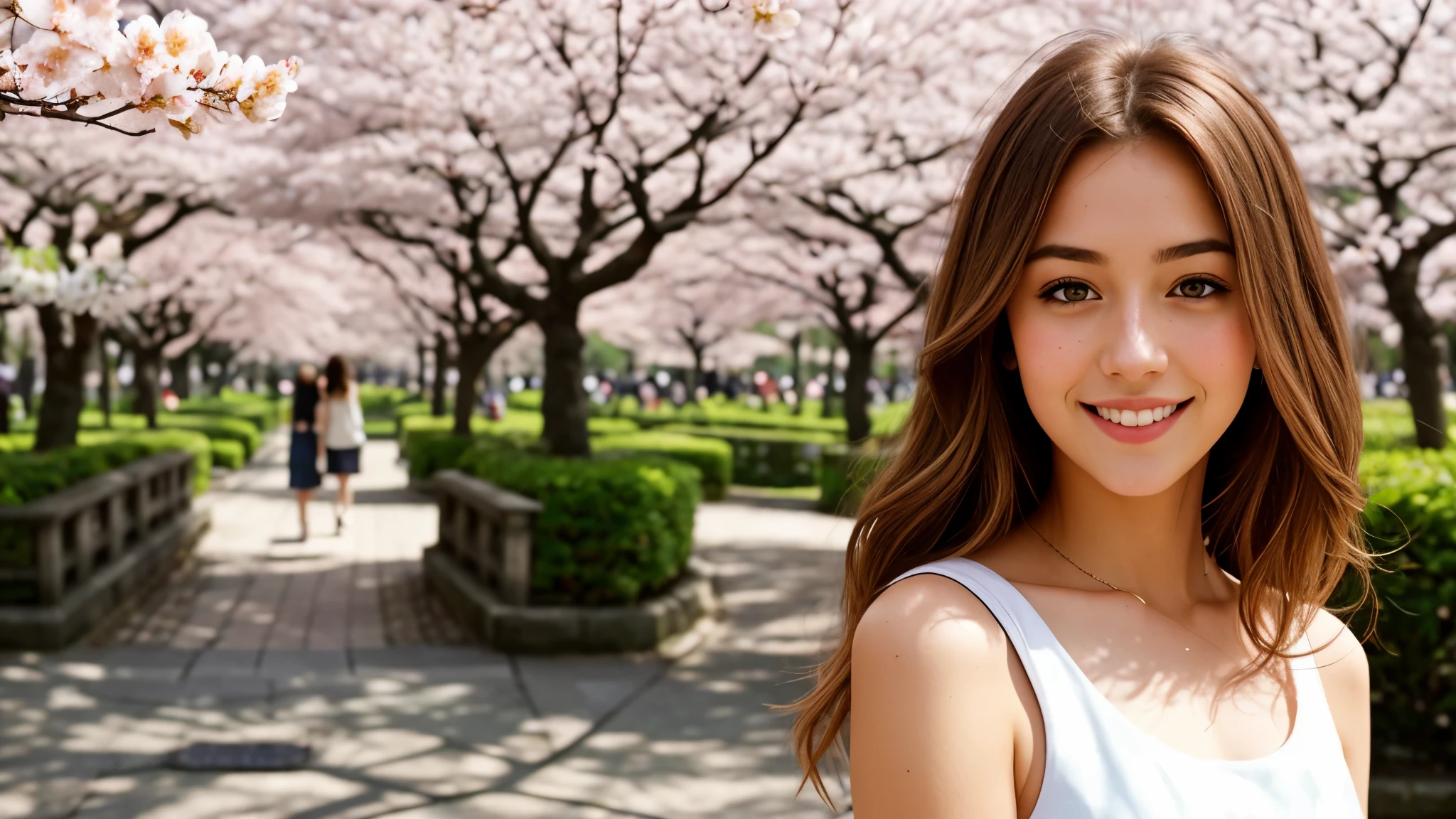 Instagram pictures, a French Girl, Shoulder length hair, with light blonde hair, Close-up photo, Walking in a public garden with cherry blossom, Japan, smiling a little,