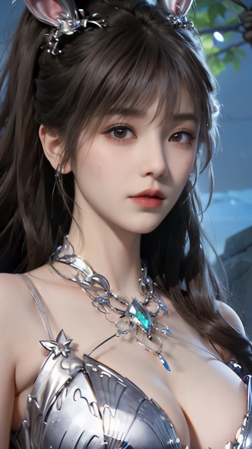 Close-up of a woman with rabbit ears and a sword, Queen of the Sea Mu Yanling, Zodiac Girl Knight Portrait, Lineage 2 style, Smooth anime CG art, Game CG, beautiful fantasy queen, Complex and gorgeous anime CGI style, drank, Close up view of goddess，round face, anime goddess, dead, Realistic anime girl rendering，huge breasts，Larger breasts，Hollow clothes，transparent clothes，More transparency，amazing breast size，Raised nipples，bareness的乳房，Extensive nudity，More nudity，Expose more breasts，bareness，big ass