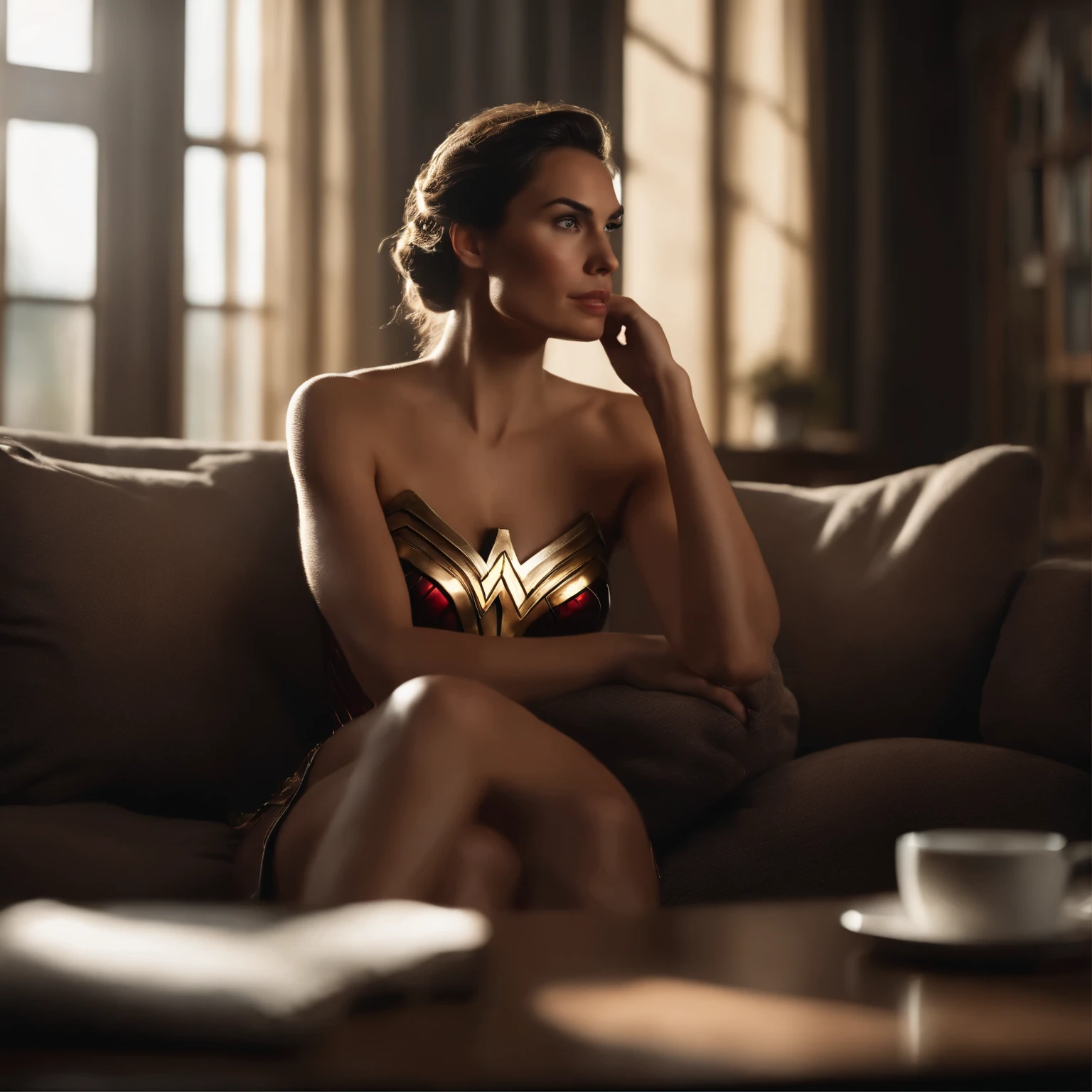 Photorealistic of Wonder woman with very voluptuous body, hair in a bun, sitting leisurely on the sofa, with her legs placed on the coffee table. Pursed lips expression, living room background with window through sunlight
