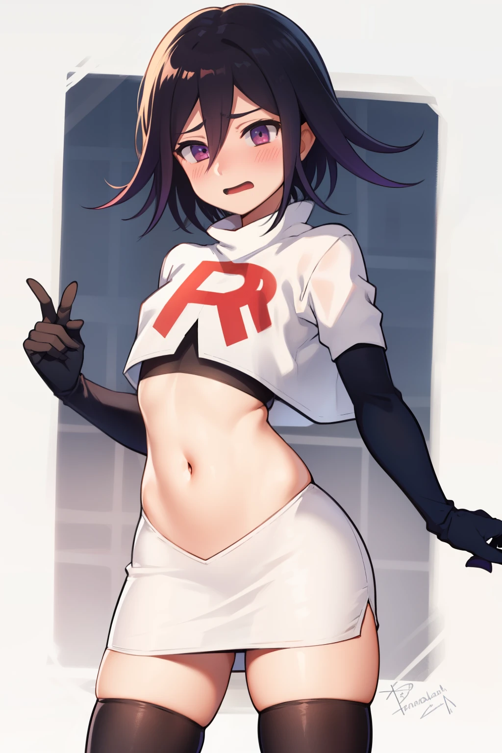 absurdres, cowboy shot, solo, male focus, trap, 1boy, crossdressing,1boy, oma kokichi, team rocket,team rocket uniform,white skirt,red letter R,crop top,black thigh-highs,black elbow gloves, embarrassed, blush