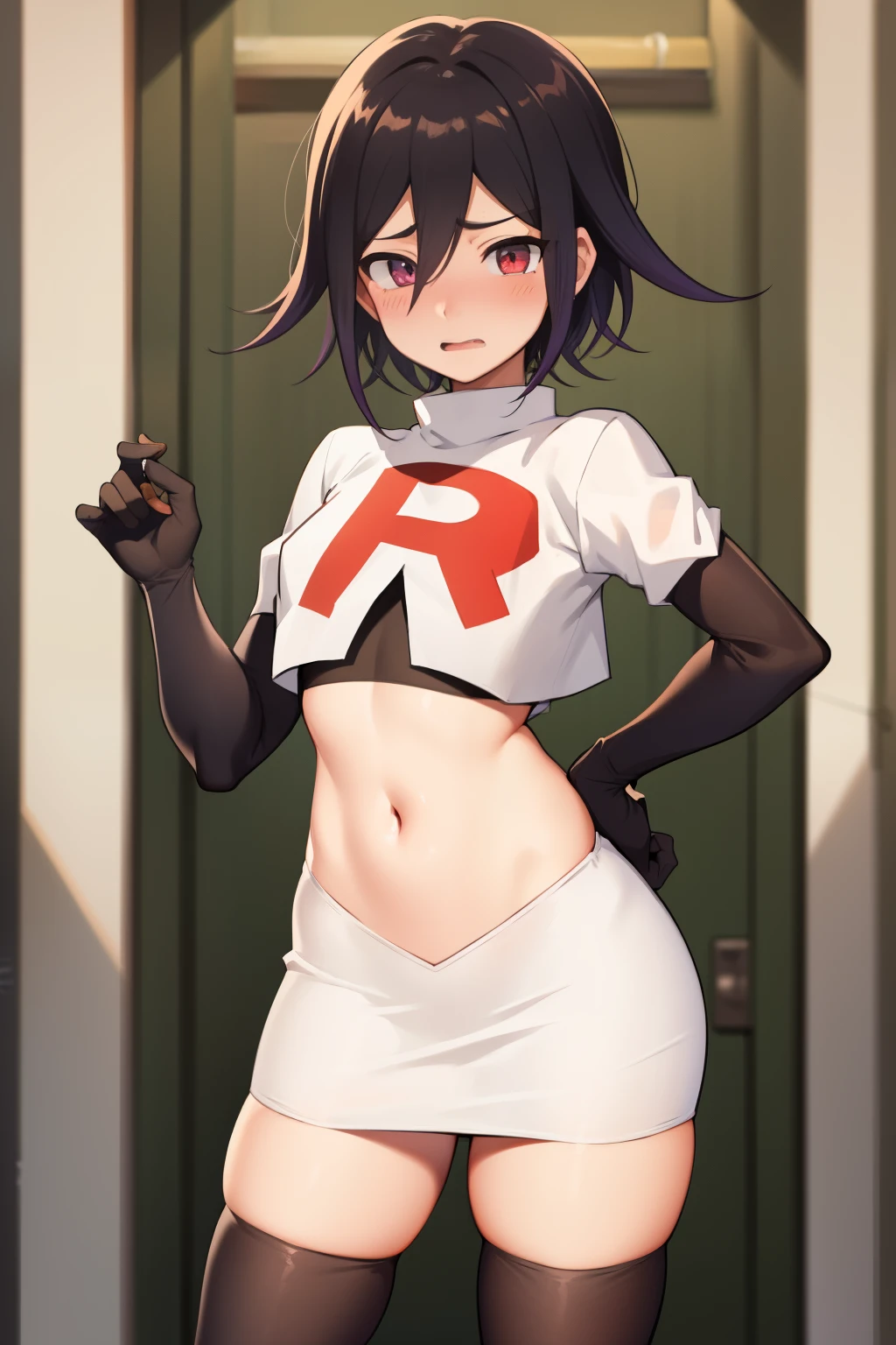 absurdres, cowboy shot, solo, male focus, trap, 1boy, crossdressing,1boy, oma kokichi, team rocket,team rocket uniform,white skirt,red letter R,crop top,black thigh-highs,black elbow gloves, embarrassed, blush