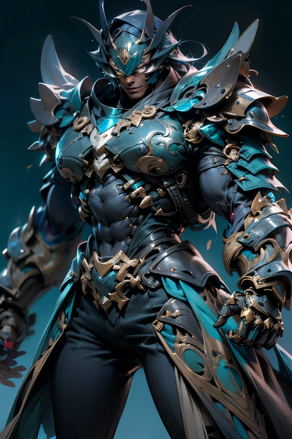 1 dark-skinned Haitian male astral warrior, two-tone black-and-blue jewel encrusted armor, semi-mechanical, partially armored, stagbeetle superhero, athletic build, heavy metal, mechanical marvel, guardian, dark anti hero, bloody pacifist, absurdres, high resolution, ultrasharp, 8k, masterpiece