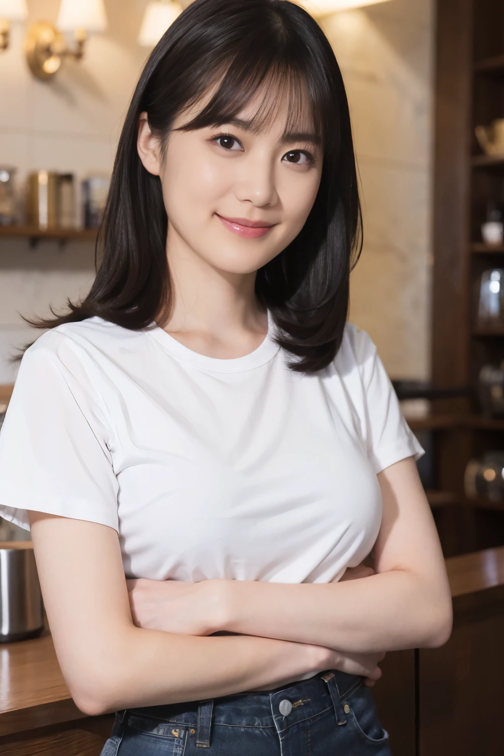 ((1womanl)),  (((Black-long-hair))), （masuter piece：1,3）、top-quality、​masterpiece、hight resolution、Original、highly detailed wallpaper、jeans, (A slight smil)、a small face、((full breasts))、(Graphic T-shirt)、(light on face)、feminin pose, Beautiful facial features, at cafe, full-shot, full length