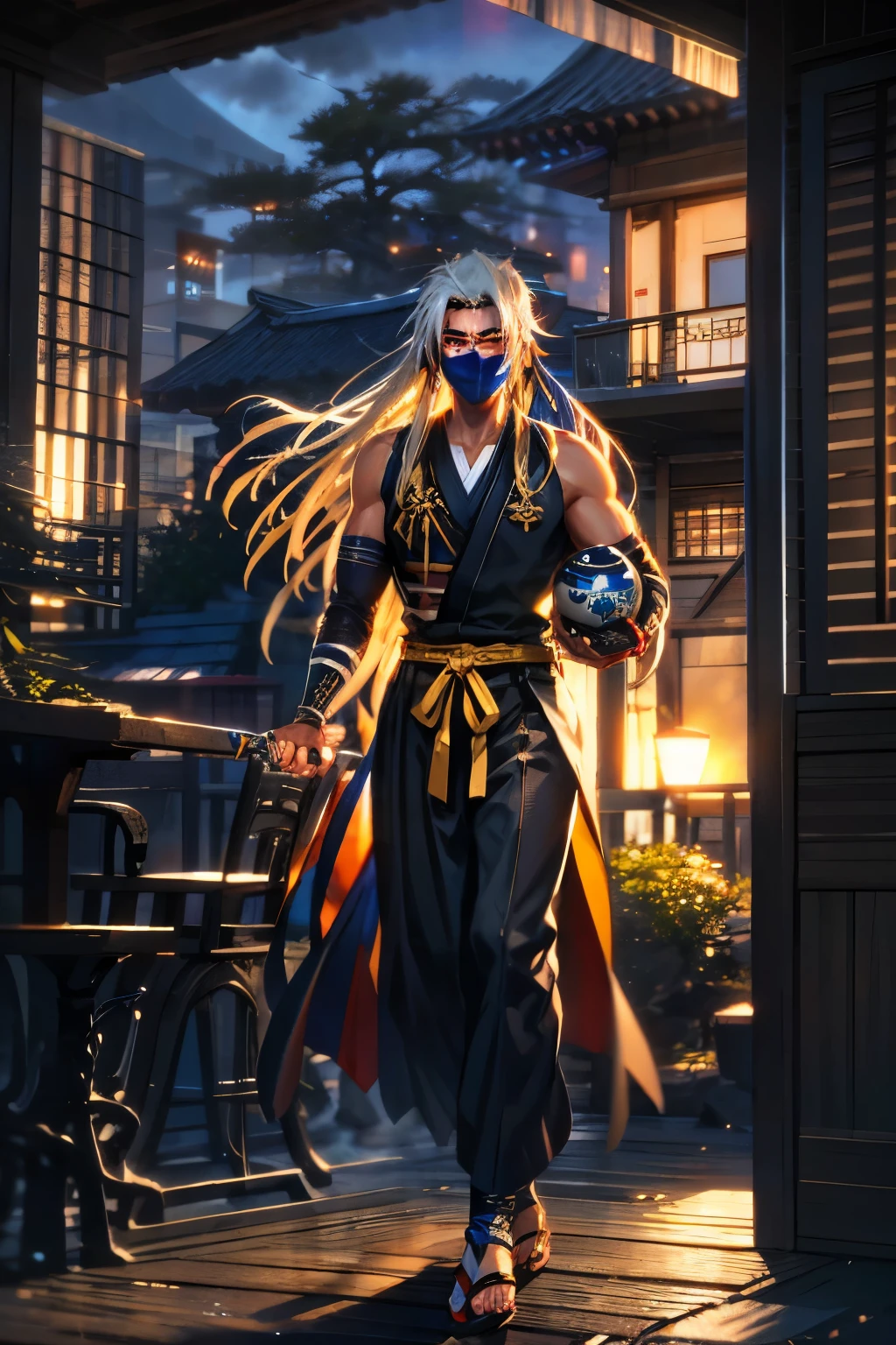 (handsome dark-skinned tall male Haitian Shinobi with long freeform locs) wearing (many-pocketed "tactical chunin vest" with kunai and shuriken inserts)! and flowing colorful hakama, wearing "wrought iron Hidden in the Mist Shinobi hanya mask"!, wearing tall dark-wood geta, peacefully walking through dense cannabis sativa garden background during golden hour