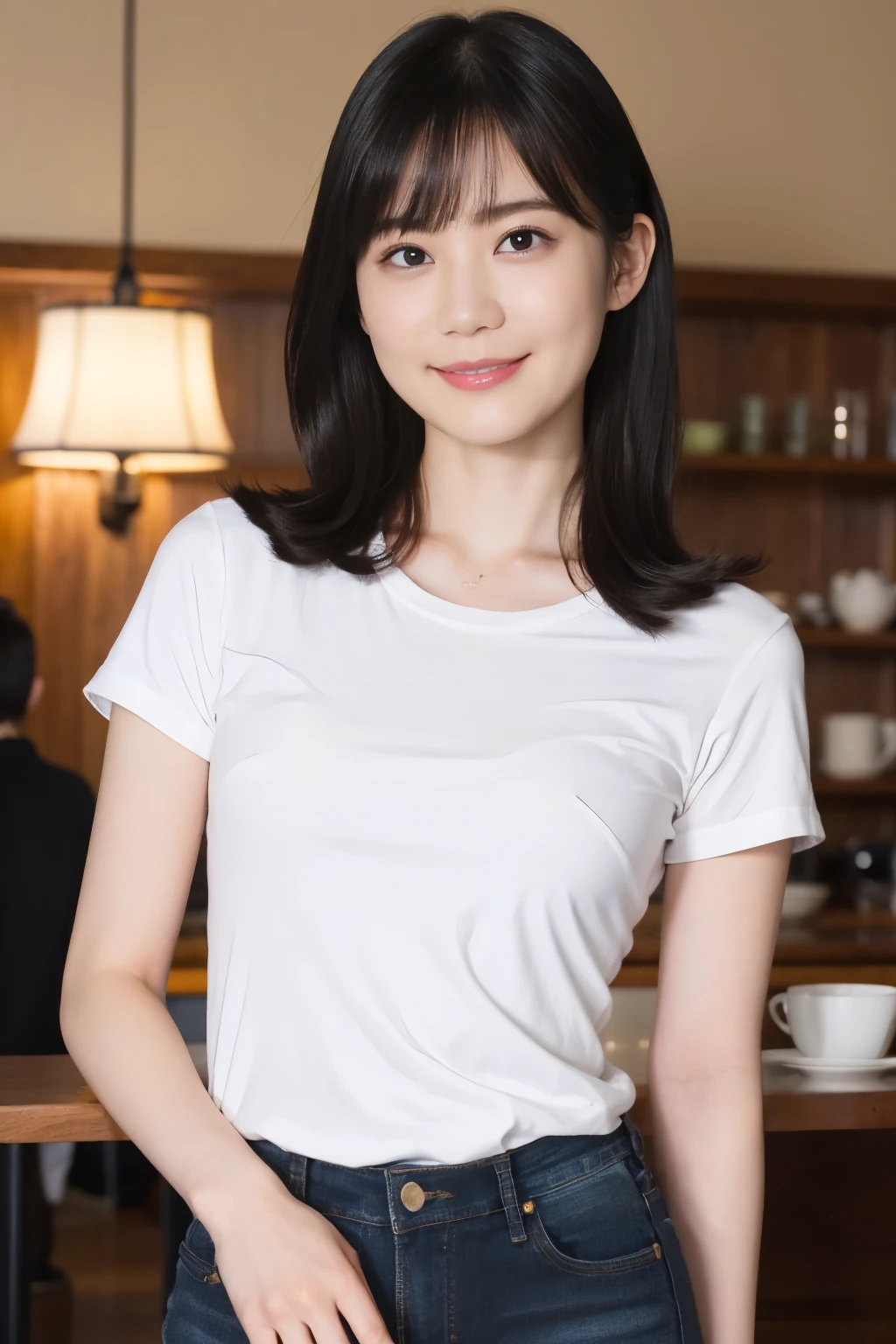 ((1womanl)),  (((Black-long-hair))), （masuter piece：1,3）、top-quality、​masterpiece、hight resolution、Original、highly detailed wallpaper、jeans, (A slight smil)、a small face、((full breasts))、(Graphic T-shirt)、(light on face)、feminin pose, Beautiful facial features, at cafe, full-shot, full length