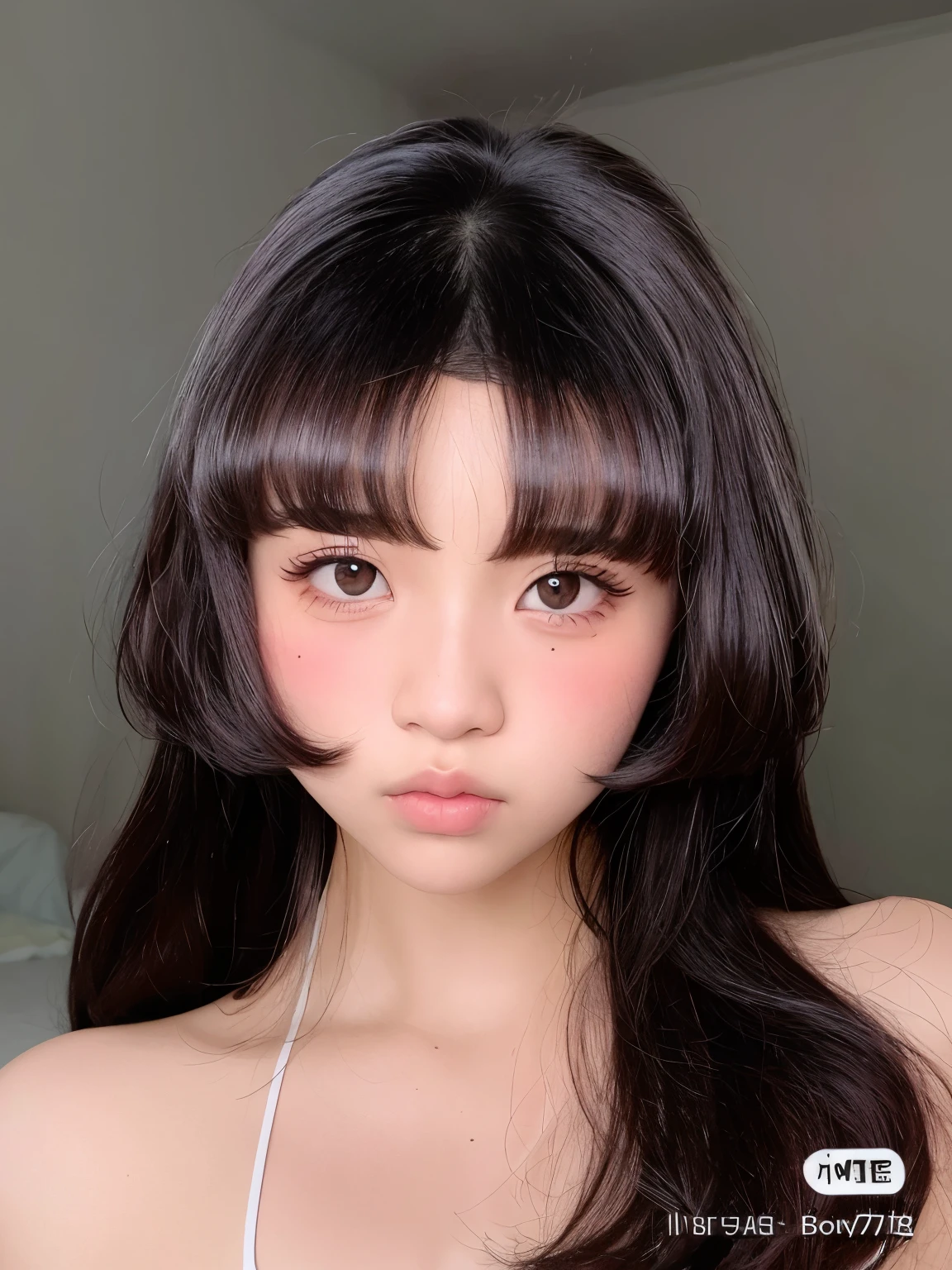 un primer plano de una mujer con cabello largo y un top blanco, korean symmetrical face, ulzzang, pale round face, flequillo esponjoso, linda cara de anime natural, cara linda y clara, maquillaje popular de corea del sur, cabello limpio con flequillo, rasgos de la cara coreana, retrato realista kawaii, maquillaje coreano popular, 🤤 girl portrait, cara redonda y suave, joven y adorable rostro coreano
