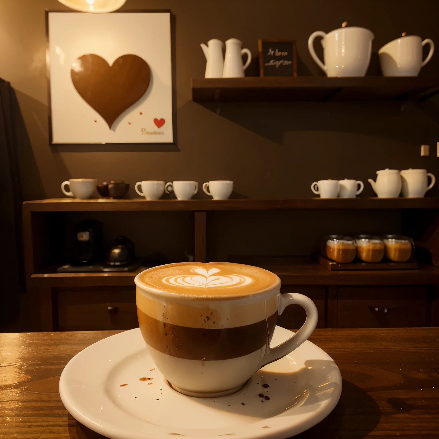 the picture shows a coffee shop, there is a cup of fragrant coffee on the table, coffee with foam in the form of a heart is poured in a cup of coffee
