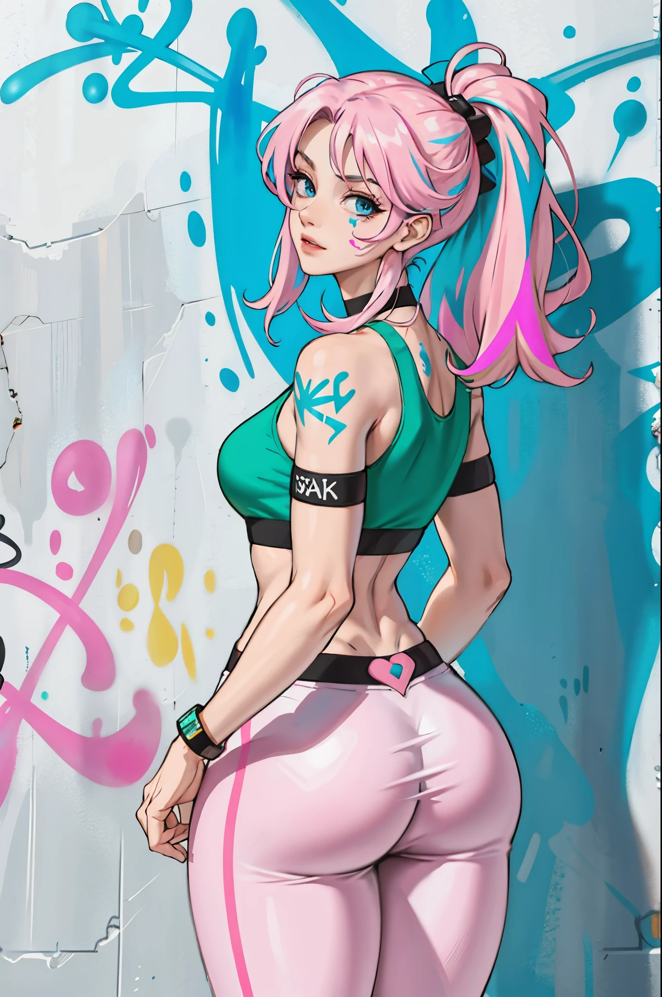  masterpiece, best quality, 25 years old beautiful woman, long hair, (mature face:1.4), 1woman, solo, crop top, gym leggings, choker, (from behind:1.4), plumb ass, thick thighs, thin waist, (graffiti:1.5), paint splatter, arms behind back, against wall, looking at viewer, armband, thigh strap, paint on body, head tilt, bored, multicolored hair (pink, blue), aqua eyes, headset