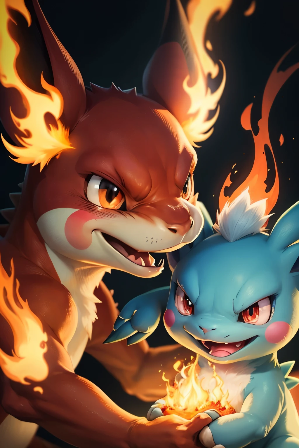 a close up of a pokemon character with a glowing face, Charmander, tough, illustration pokemon, hd artwork, glowing fire aura, by Paul Bird, conceptual mystery pokemon, zorua pokemon, pokemon art style, Cute smile and glowing eyes, by Kanbun Master, weird pokemon, new pokemon, hd wallpaper((best quality)), ((Meisterwerk)), (detailliert), perfektes Gesicht