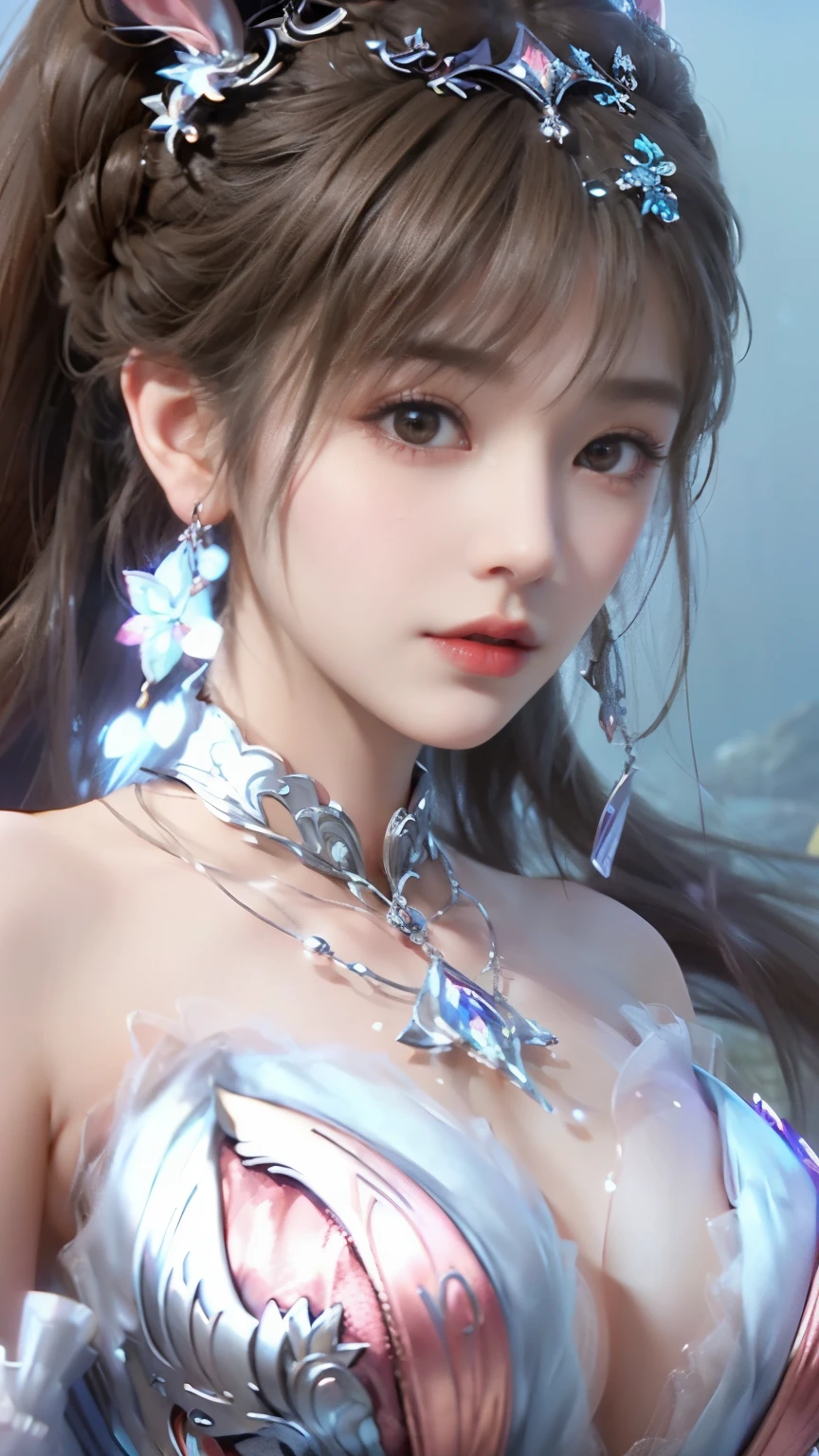 Close-up of a woman with rabbit ears and a sword, Queen of the Sea Mu Yanling, Zodiac Girl Knight Portrait, Lineage 2 style, Smooth anime CG art, Game CG, beautiful fantasy queen, Complex and gorgeous anime CGI style, drank, Goddess whole body,round face, anime goddess, dead, Realistic anime girl rendering,huge breasts,Larger breasts,Hollow clothes,transparent clothes,More transparency,amazing breast size,Raised nipples,bareness的乳房,Extensive nudity,More nudity,Expose more breasts,bareness,big ass