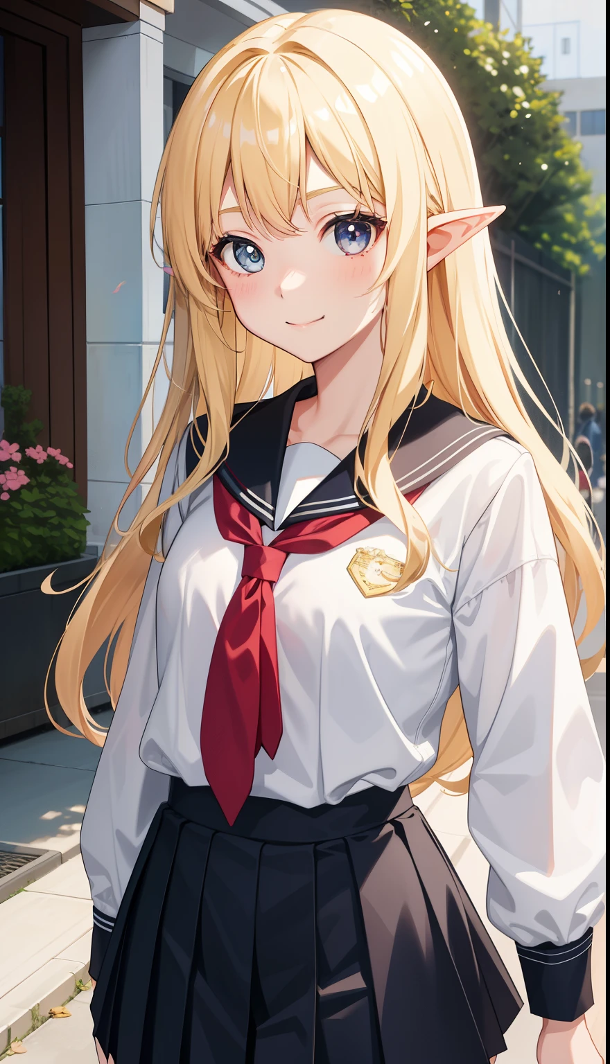 1 girl、AS-Adult、smile、high school student、uniform、Serafuku、skirt、(small breasts)(small breasts)、(upper body portrait)、、blonde、elf、
