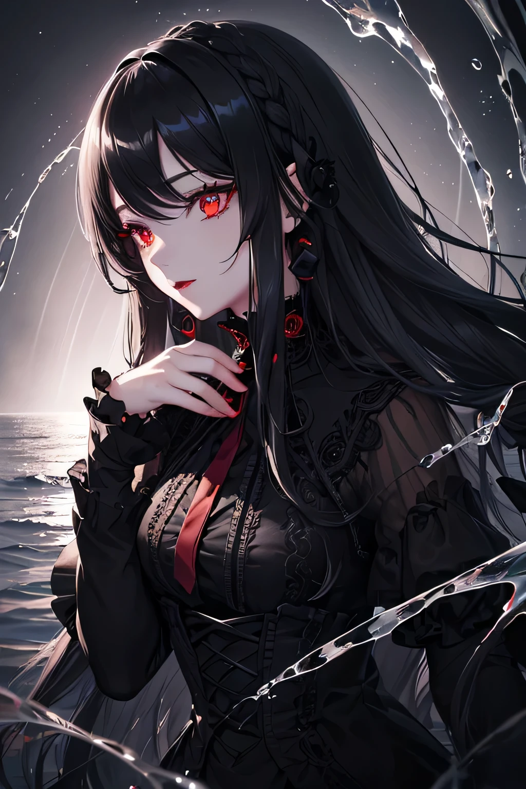 1 girl,Depp's Sense,confused,catch light,Super beautiful illustration,water magic,((black color,long hairstyles:1.3)),dark dark eyeshadow,bright red lipstick,Gothic Lolita,;d,beautiful and delicate hair,(((delicate and detailed red eyes))),light blue light effect,Aura of water