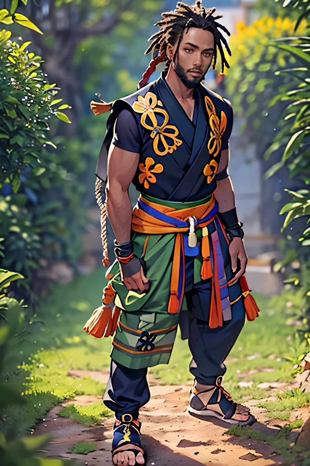 (handsome dark-skinned tall male Haitian Shinobi with long freeform locs) wearing ("tactical chunin vest" with kunai and shuriken bandolier)! and flowing colorful hakama, wearing "Hidden in the Mist Shinobi headband"!, wearing tall dark-wood geta, mindfully walking through dense cannabis sativa garden background during golden hour