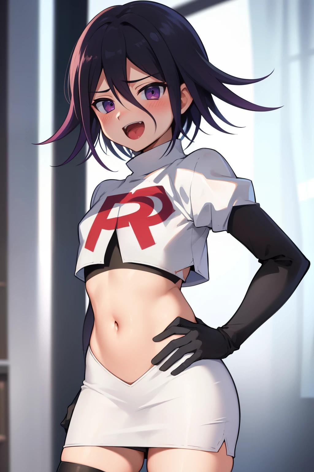 absurdres, cowboy shot, solo, male focus, trap, 1boy, crossdressing,1boy, oma kokichi, team rocket,team rocket uniform,white skirt,red letter R,crop top,black thigh-highs,black elbow gloves, evil laugh, blush