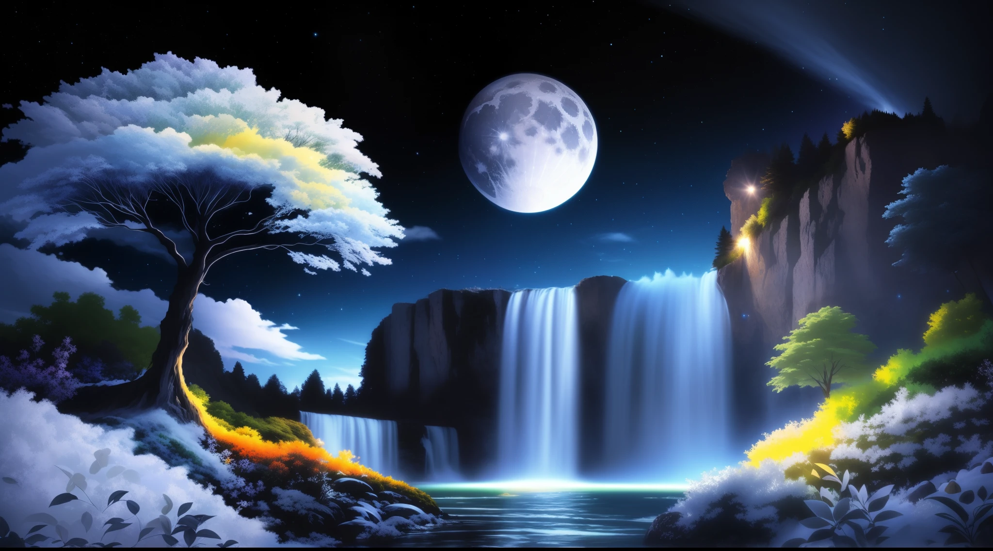 une peinture d'une cascade avec un arbre et une pleine lune, Beau clair de lune night, magnifique fond, Beau fond d'écran, fond d'écran nature animé, Cascades de nébuleuses, fond d'écran incroyable, Beau clair de lune, art de fondwork, Fond d'écran HD, Cascades galactiques, anime art de fond, Cascade extraterrestre, immense cascade, fond magique, fond d'anime, belle cascade paisible, cascades flottantes, art de fond, clair de lune