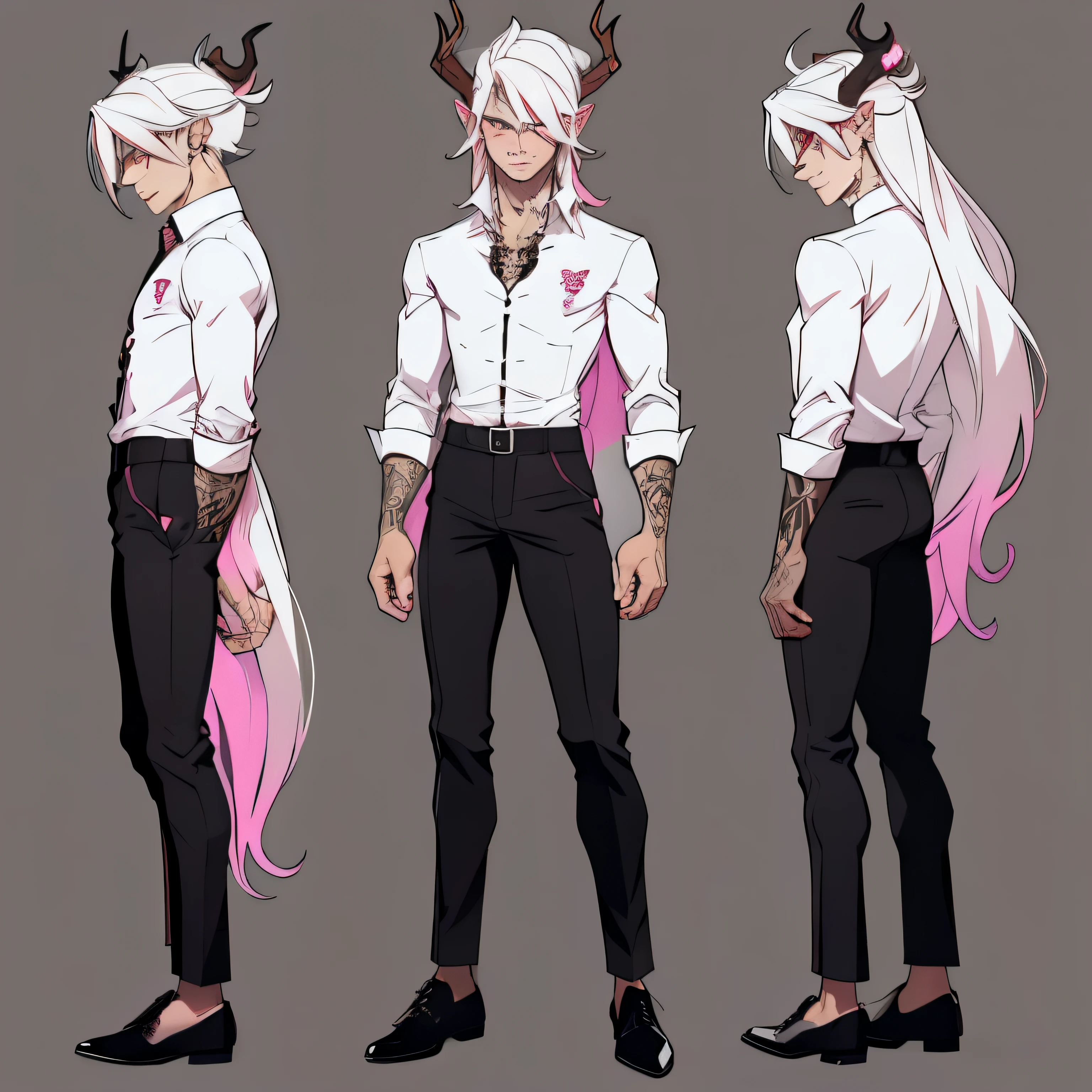 1man,alastor like body, medium long white hair, scars, pink eyes, ram horns,tattoos, dress shirt, black pants, alastor like deer legs