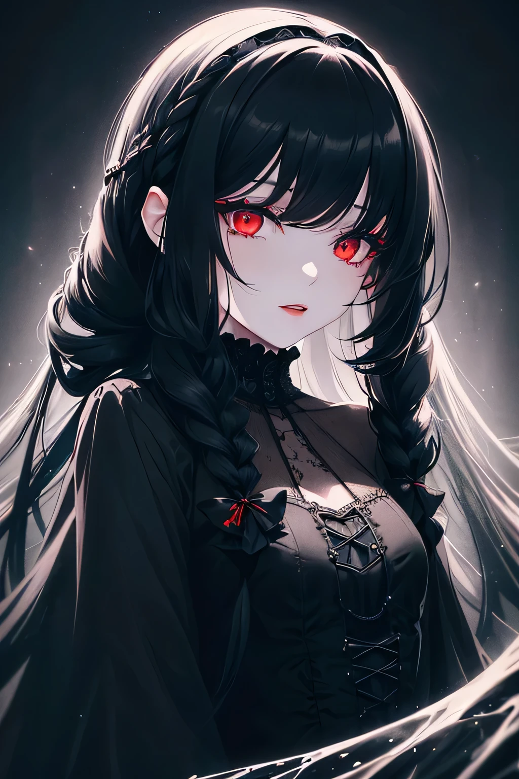1 girl,Depp's Sense,confused,catch light,Super beautiful illustration,Water operation,((black color,long hairstyles:1.3)),dark dark eyeshadow,bright red lipstick,Gothic Lolita,;d,beautiful and delicate hair,(((delicate and detailed red eyes))),light blue light effect,light blue aura