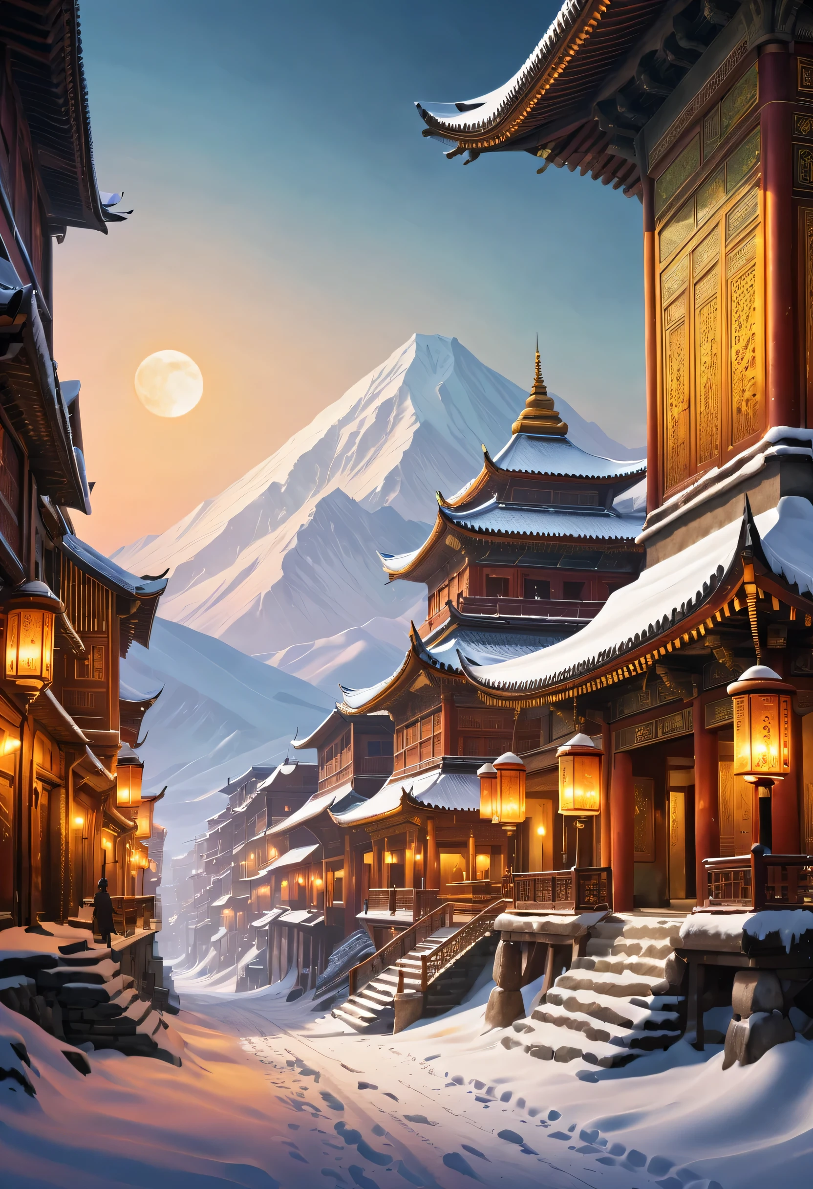 Beautiful winter scene of a majestic ancient city in a mysterious eastern country. The city is located in the vast frontier wilderness. and as the sun sets, The golden light casts a charming glow on the city's tall buildings. The scene is full of exotic customs, Show the unique charm of oriental culture. Cityscape decorated with intricate architectural details, Showing the glory of ancient civilization. The surrounding nature is covered with a layer of pristine white snow, adding to the enchanting atmosphere. Image quality to the highest standard, Make sure every detail is sharp and clear. Bright colors, Capturing the rich tones of oriental landscapes. Lighting plays a vital role, Casts beautiful shadows and highlights in cityscapes, Give it a sense of depth and reality.