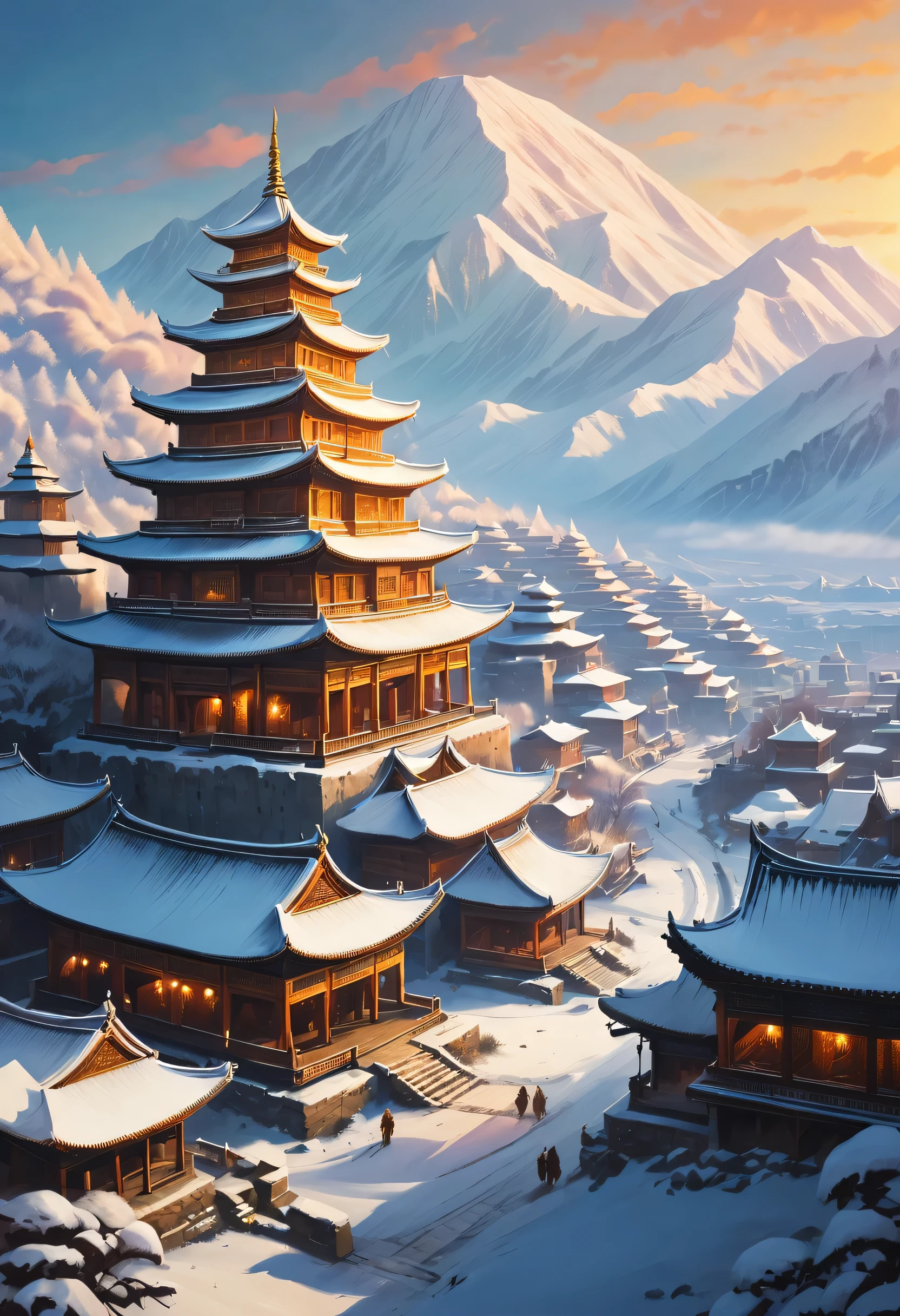 Beautiful winter scene of a majestic ancient city in a mysterious eastern country. The city is located in the vast frontier wilderness. and as the sun sets, The golden light casts a charming glow on the city&#39;s tall buildings. The scene is full of exotic customs, Show the unique charm of oriental culture. Cityscape decorated with intricate architectural details, Showing the glory of ancient civilization. The surrounding nature is covered with a layer of pristine white snow, adding to the enchanting atmosphere. Image quality to the highest standard, Make sure every detail is sharp and clear. Bright colors, Capturing the rich tones of oriental landscapes. Lighting plays a vital role, Casts beautiful shadows and highlights in cityscapes, Give it a sense of depth and reality.