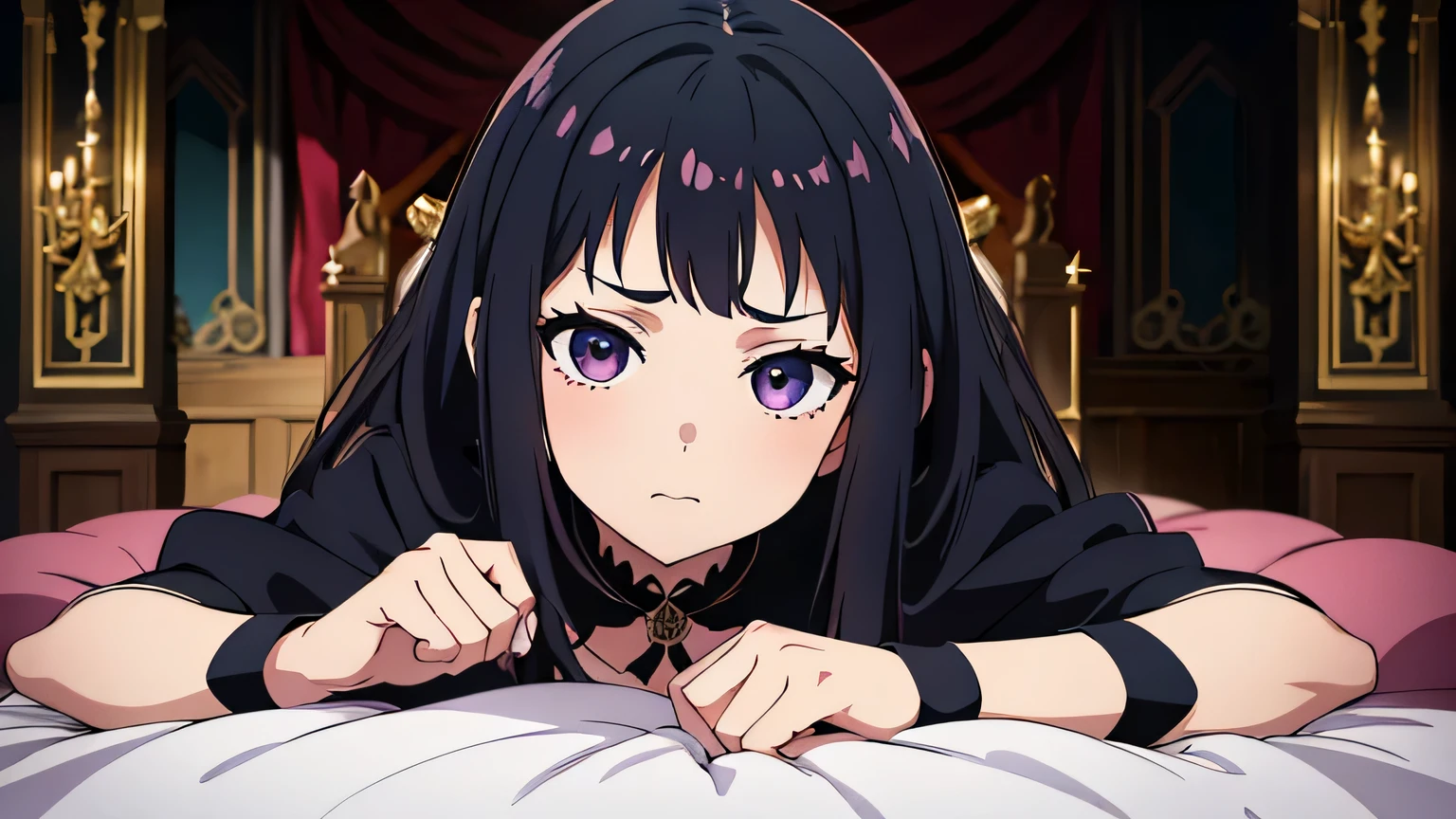 (1 girl with beautiful face) in big bedroom, castle bedrrom, princess, groaned face, upset, gothic style, best anime artstyle, face to detail, onee-san vibes, 4k illustration